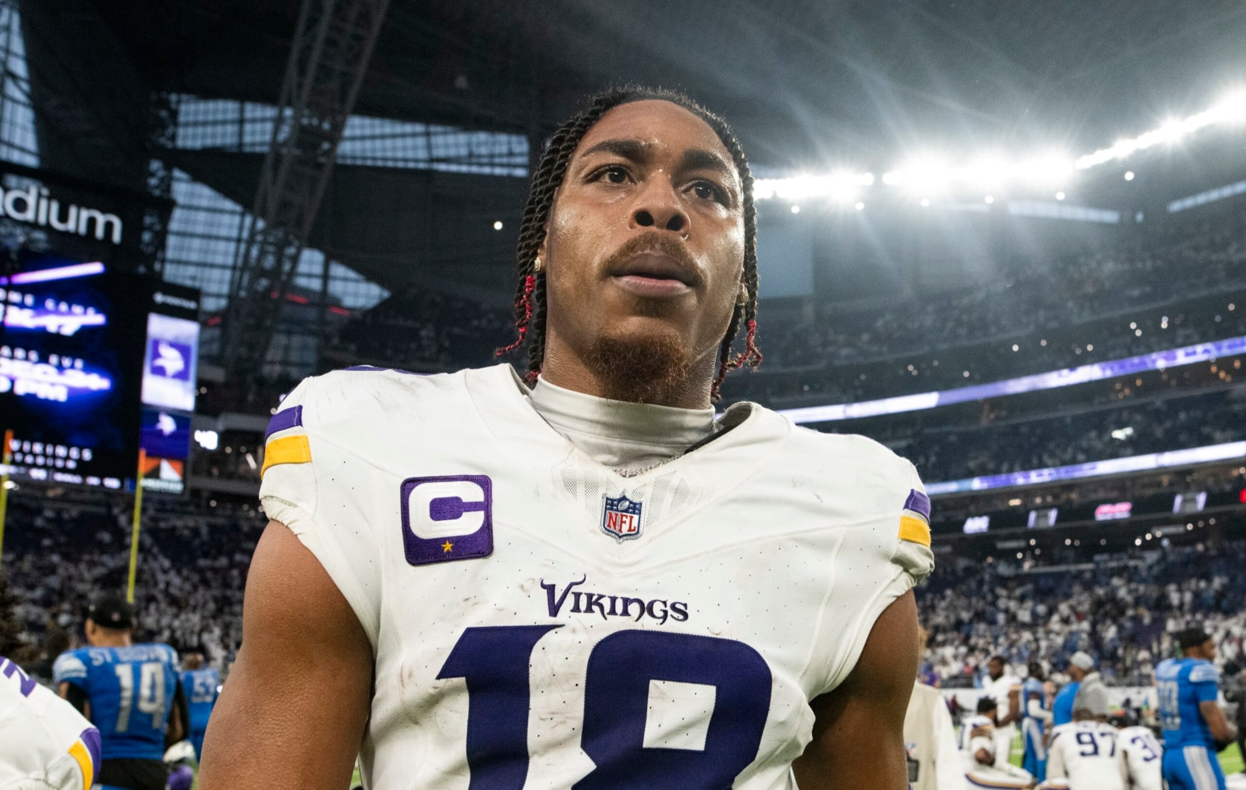 MINNEAPOLIS, MINNESOTA - DECEMBER 24: Justin Jefferson #18 of the Minnesota Vikings reacts after the game against the Detroit Lions at U.S. Bank Stadium on December 24, 2023 in Minneapolis, Minnesota. (Photo by Stephen Maturen/Getty Images)
