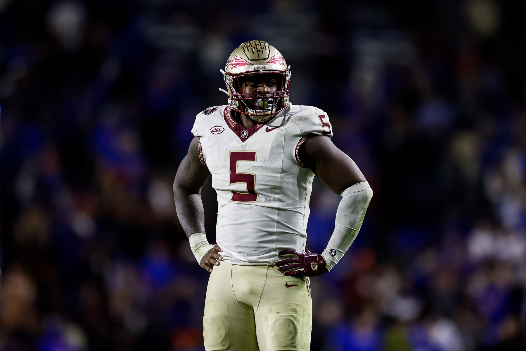 GAINESVILLE, FLORIDA - NOVEMBER 25: Jared Verse #5 of the Florida State Seminoles looks on during the second half of a game against the Florida Gators at Ben Hill Griffin Stadium on November 25, 2023 in Gainesville, Florida. (Photo by James Gilbert/Getty Images)
