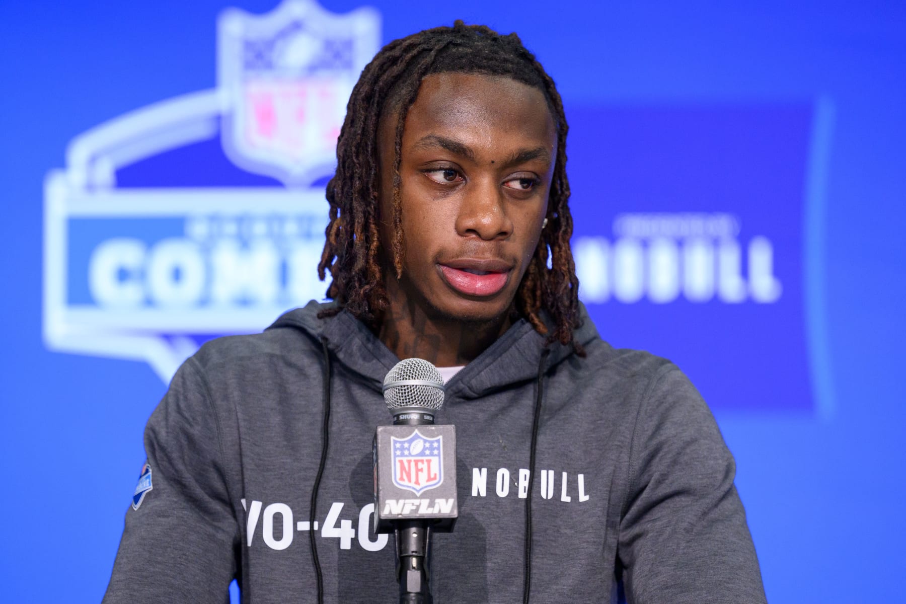 INDIANAPOLIS, IN - MARCH 01: Texas wide receiver Xavier Worthy answers questions from the media during the NFL Scouting Combine on March 1, 2024, at the Indiana Convention Center in Indianapolis, IN. (Photo by Zach Bolinger/Icon Sportswire via Getty Images)