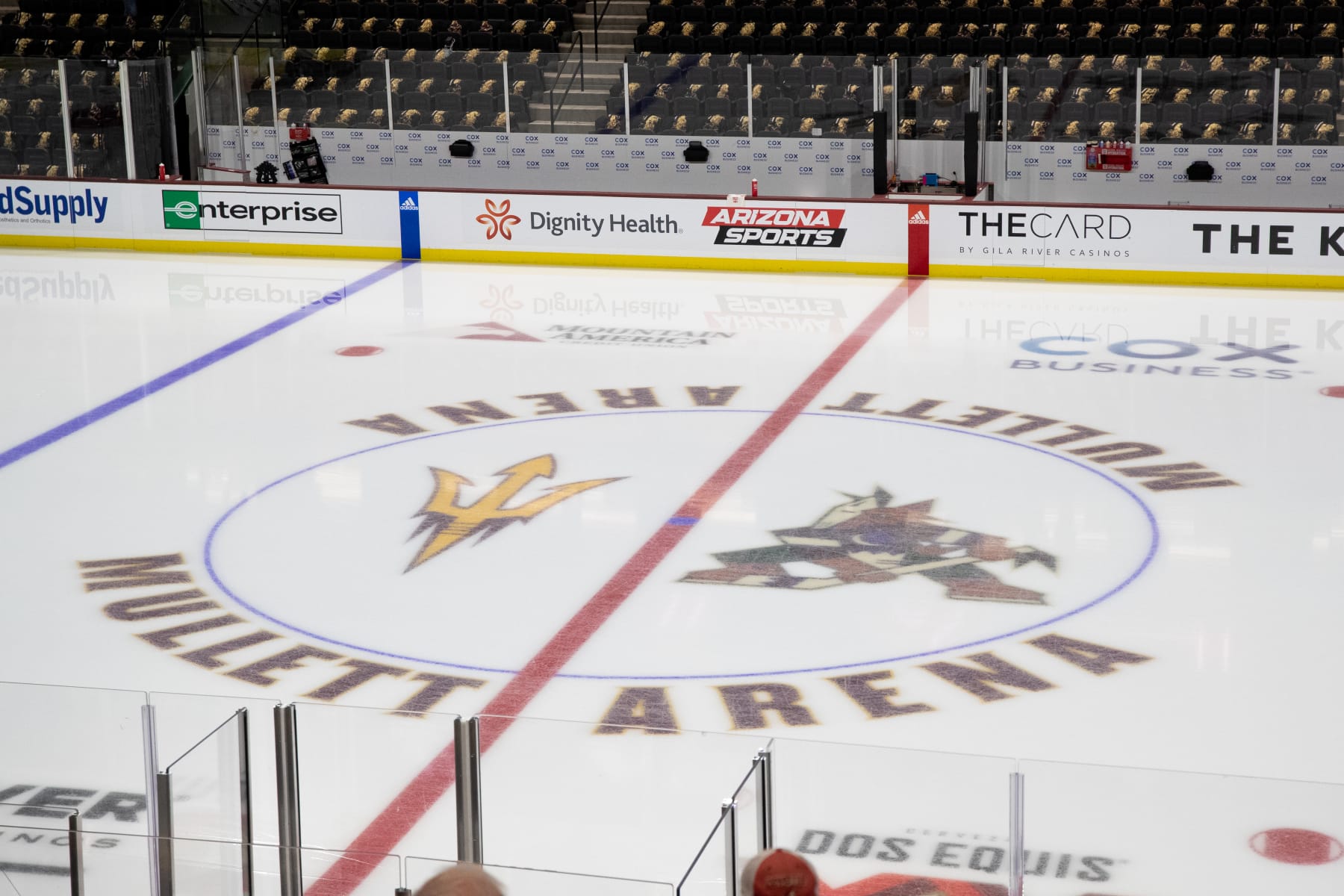 TEMPE, AZ - OCTOBER 28: Center Ice of the new home for the Arizona Coyotes before a Hockey game between the Arizona Coyotes and Winnipeg Jets on October 28th, 2022, at Mullett Arena in Tempe, AZ. (Photo by Zac BonDurant/Icon Sportswire via Getty Images)