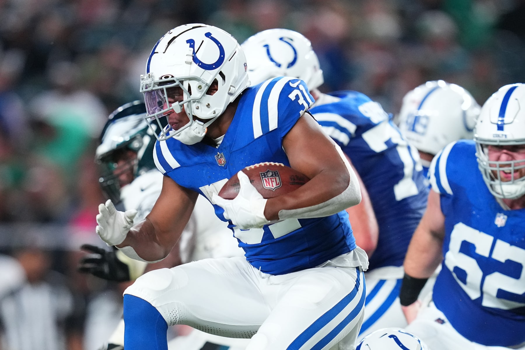 PHILADELPHIA, PENNSYLVANIA - AUGUST 24: Kenyan Drake #31 of the Indianapolis Colts runs the ball against the Philadelphia Eagles in the second half of the preseason game at Lincoln Financial Field on August 24, 2023 in Philadelphia, Pennsylvania. The Colts defeated the Eagles 27-13. (Photo by Mitchell Leff/Getty Images)