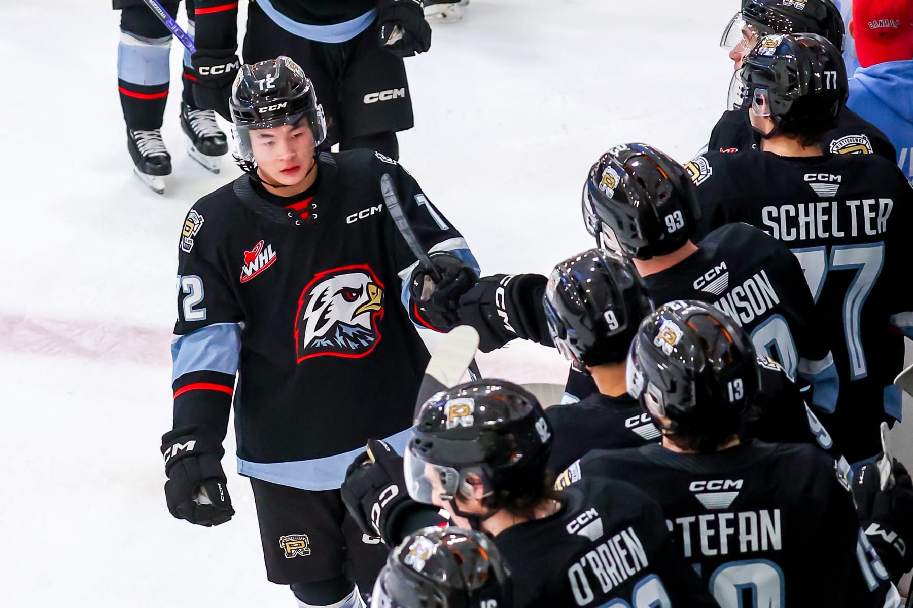 WINNIPEG, CANADA - JANUARY 08: Marcus Nguyen #72 of the Portland Winterhawks skates by the bench to celebrate his third period goal against the Winnipeg ICE at Wayne Fleming Arena on January 08, 2023 in Winnipeg, Manitoba, Canada. (Photo by Jonathan Kozub/Getty Images)