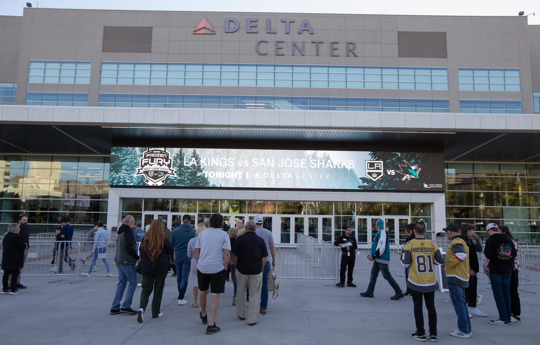 SALT LAKE CITY, UT - OCTOBER 5: Fans enter the Delta Center for the pre-season game between the Los Angeles Kings and the San Jose Sharks  October 5, 2023 in Salt Lake City, Utah. (Photo by Chris Gardner/Getty Images)