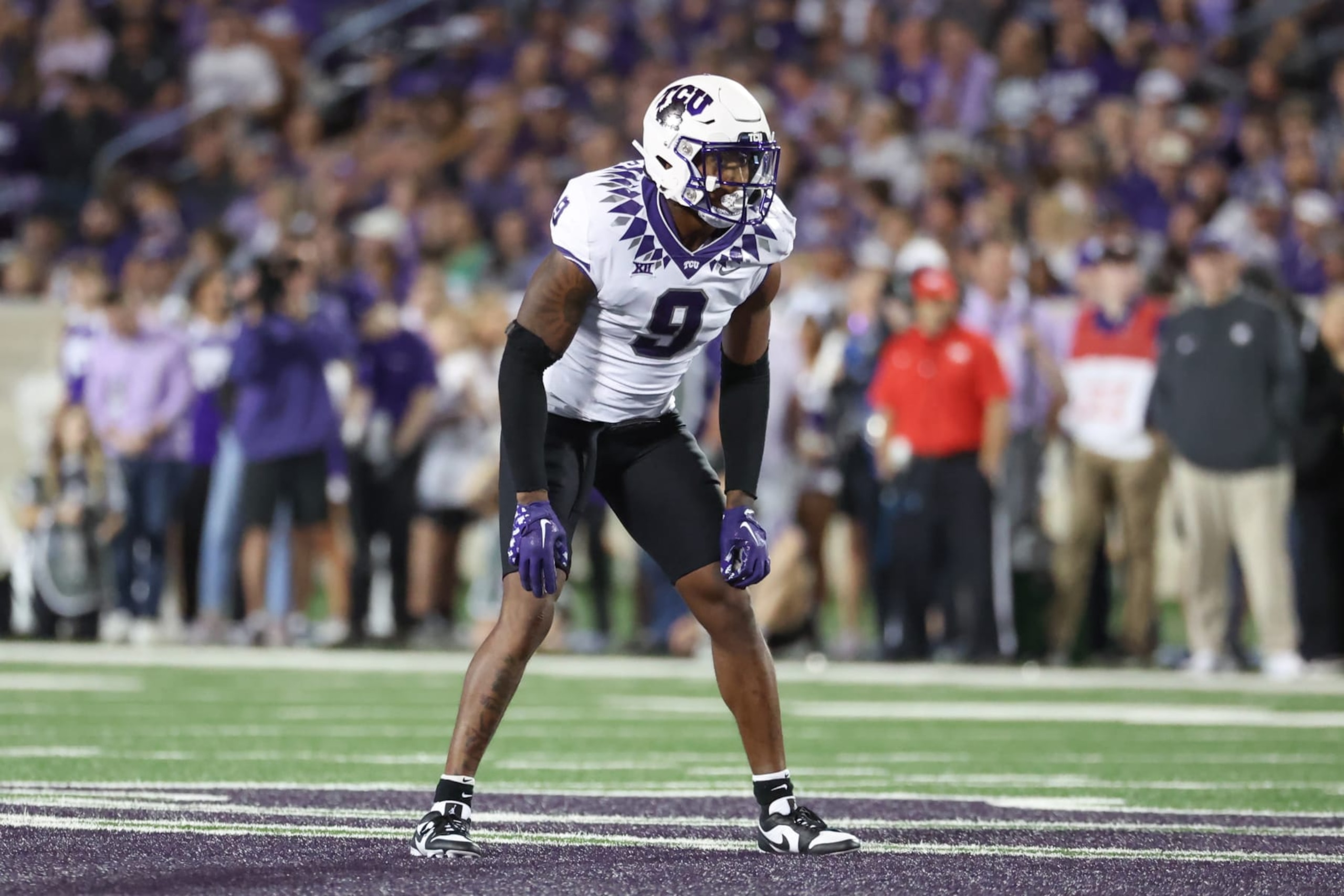 MANHATTAN, KS - OCTOBER 21: TCU Horned Frogs linebacker Marcel Brooks (9) in the second quarter of a Big 12 college football game between the TCU Horned Frogs and Kansas State Wildcats on Oct 21, 2023 at Bill Snyder Family Stadium in Manhattan, KS.  (Photo by Scott Winters/Icon Sportswire via Getty Images)