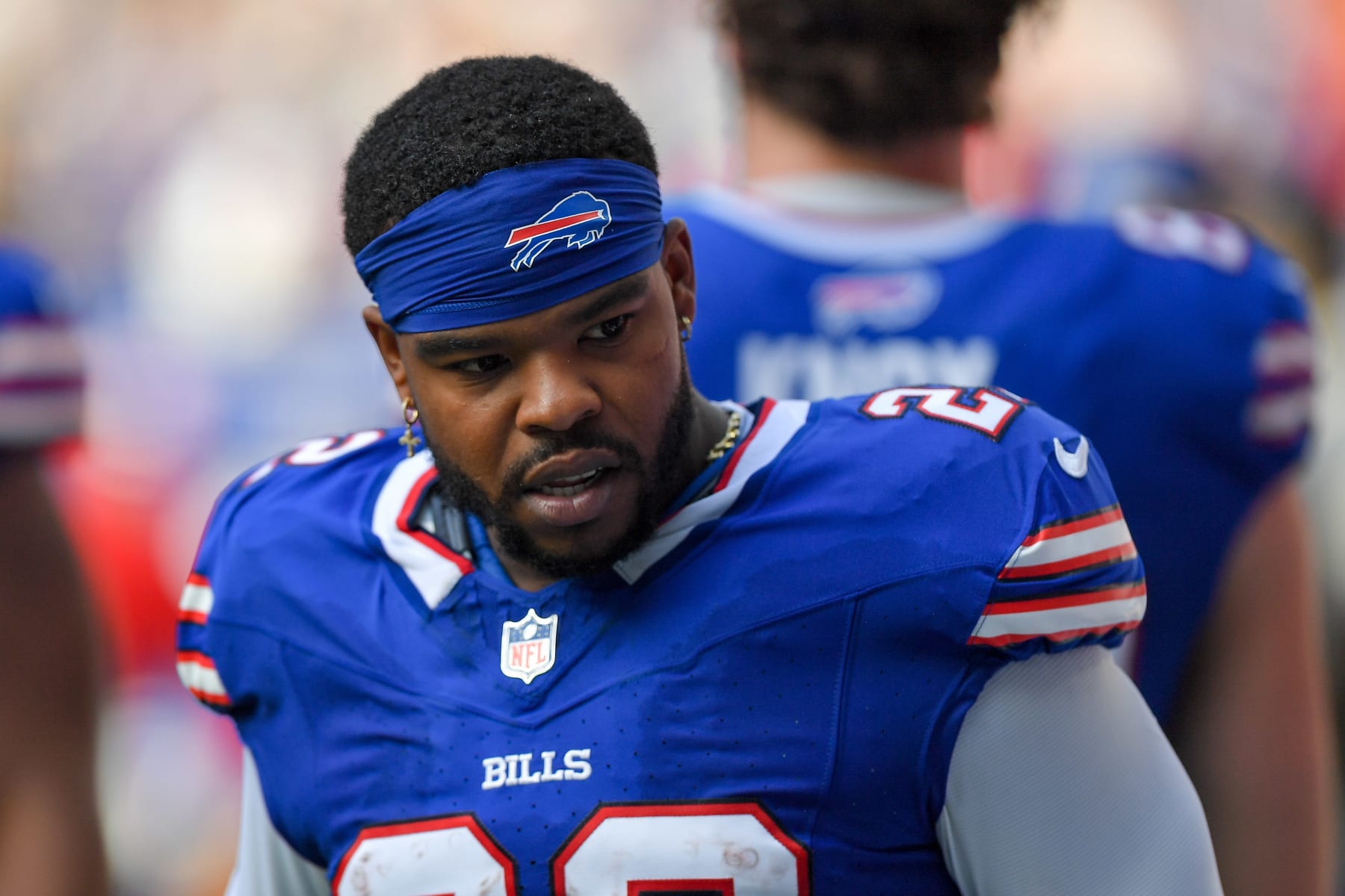 LONDON, ENGLAND - OCTOBER 8: Damien Harris of Buffalo Bills looks on prior to the NFL match between Jacksonville Jaguars and Buffalo Bills at Tottenham Hotspur Stadium on October 8, 2023 in London, England. (Photo by Vincent Mignott/DeFodi Images via Getty Images)