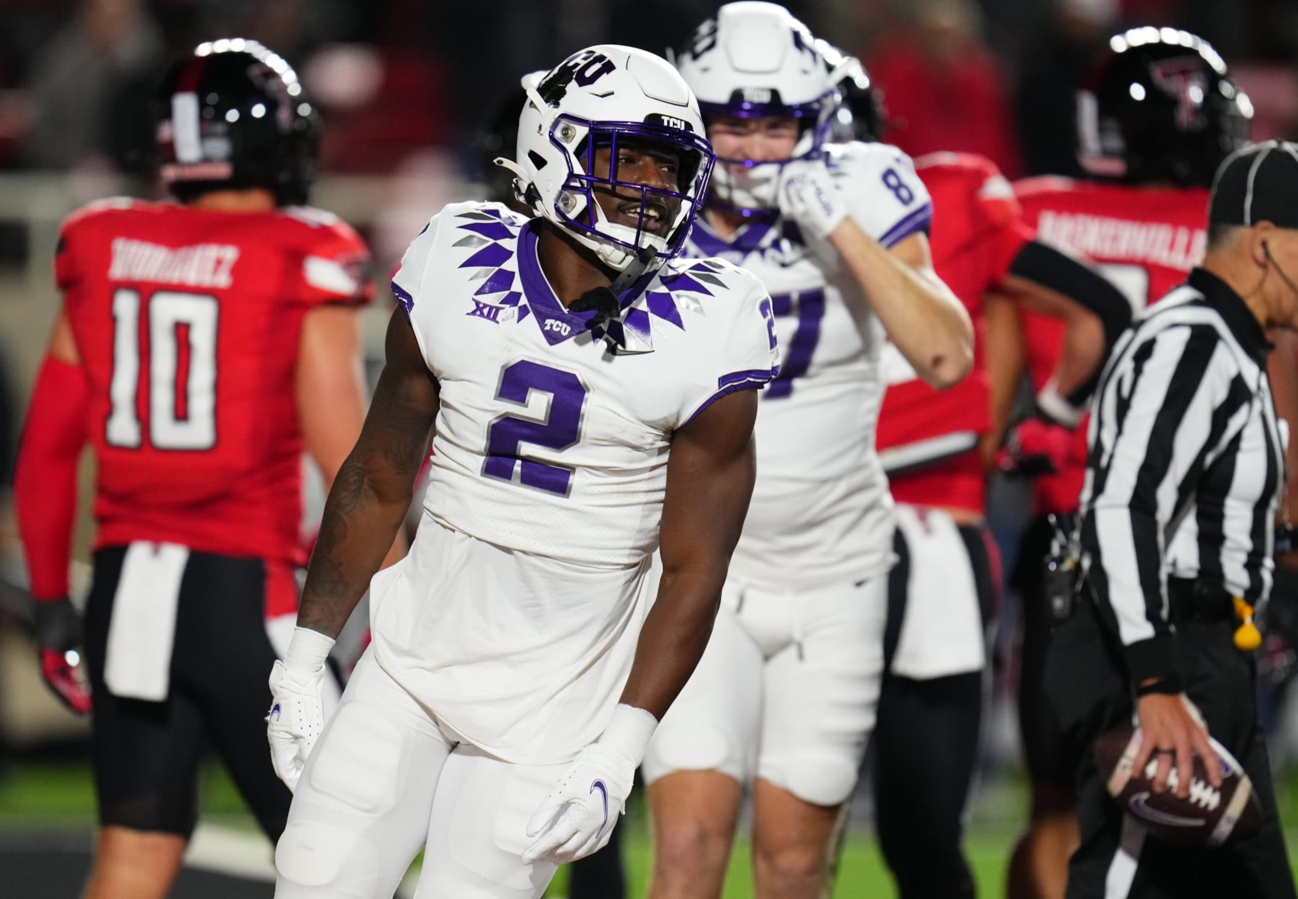 LUBBOCK, TEXAS - NOVEMBER 02: Trey Sanders #2 of the TCU Horned Frogs celebrates after scoring a touchdown during the fourth quarter of against the Texas Tech Red Raiders at Jones AT&T Stadium on November 02, 2023 in Lubbock, Texas. (Photo by Josh Hedges/Getty Images)
