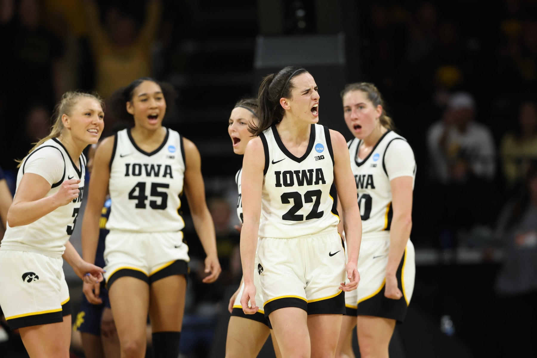 IOWA CITY, IOWA - MARCH 25: Caitlin Clark #22 of the Iowa Hawkeyes reacts after a play against the West Virginia Mountaneers during the second round of the 2024 NCAA Women's Basketball Tournament held at Carver-Hawkeye Arena on March 25, 2024 in Iowa City, Iowa. (Photo by Rebecca Gratz/NCAA Photos via Getty Images)