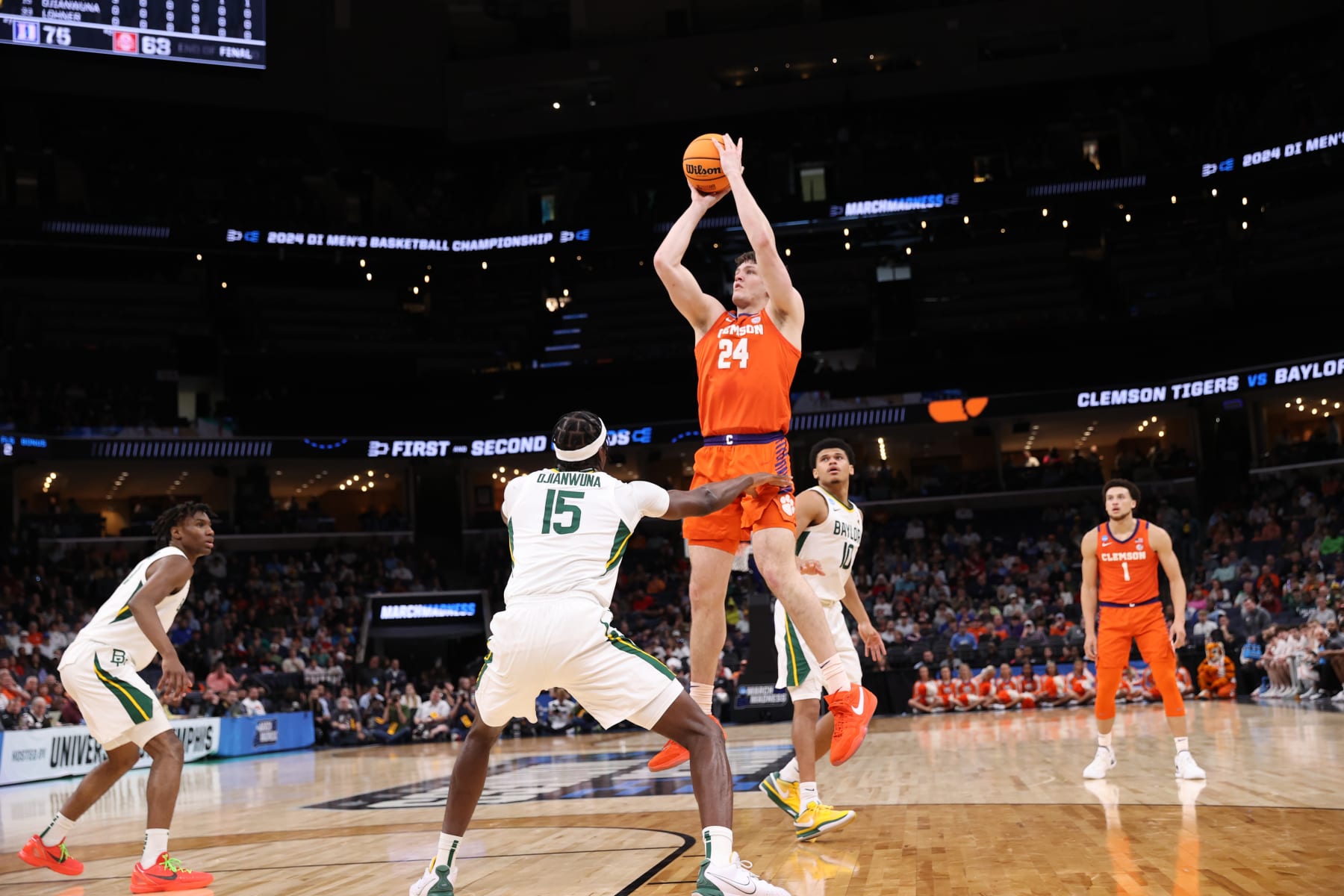 MEMPHIS, TENNESSEE - MARCH 24: PJ Hall #24 of the Clemson Tigers shoots the ball over Josh Ojianwuna #15 of the Baylor Bears during the second round of the 2024 NCAA Men's Basketball Tournament held at FedExForum on March 24, 2024 in Memphis, Tennessee. (Photo by Joe Murphy/NCAA Photos via Getty Images)