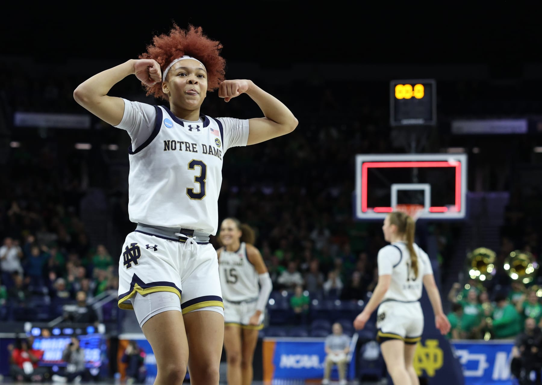 SOUTH BEND, INDIANA - MARCH 25: Hannah Hidalgo #3 of the Notre Dame Fighting Irish celebrates at the half with a 17 point lead over the Ole Miss Rebels during the second round of the 2024 NCAA Women's Basketball Tournament held at Purcell Pavilion on March 25, 2024 in South Bend, Indiana. (Photo by Michael Hickey/NCAA Photos via Getty Images)