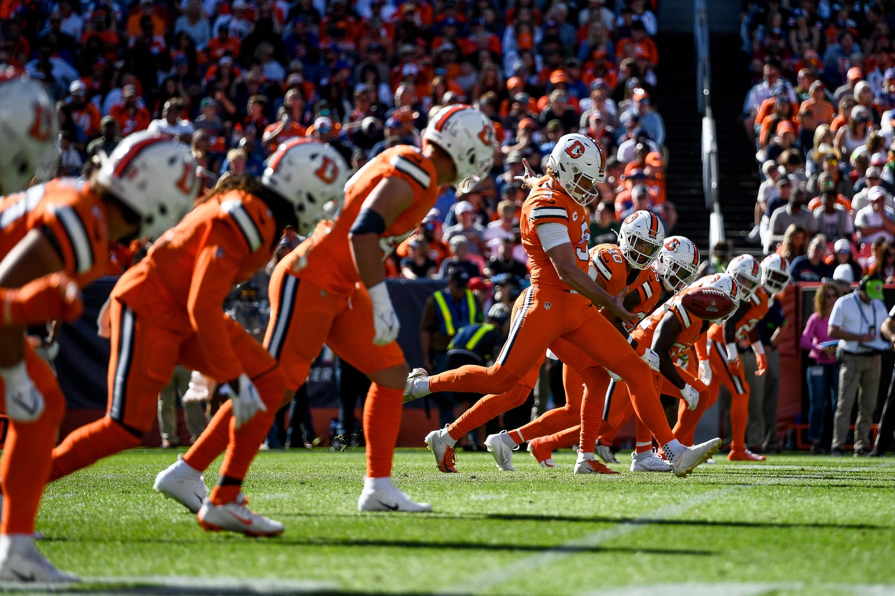 DENVER, CO - OCTOBER 8: Denver Broncos punter Riley Dixon (9) kicks off on a drop kick kickoff after a safety in the first quarter during a game between the New York Jets and the Denver Broncos at Empower Field at Mile High on October 8, 2023 in Denver, Colorado. (Photo by Dustin Bradford/Icon Sportswire via Getty Images)