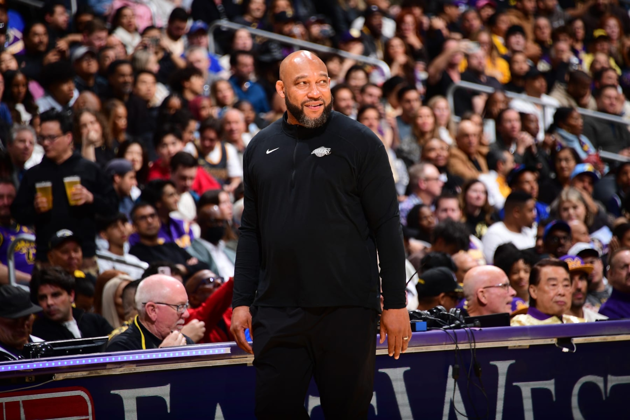 LOS ANGELES, CA - MARCH 22: Head Coach Darvin Ham of the Los Angeles Lakers looks on during the game against the Philadelphia 76ers on March 22, 2024 at Crypto.Com Arena in Los Angeles, California. NOTE TO USER: User expressly acknowledges and agrees that, by downloading and/or using this Photograph, user is consenting to the terms and conditions of the Getty Images License Agreement. Mandatory Copyright Notice: Copyright 2024 NBAE (Photo by Adam Pantozzi/NBAE via Getty Images)