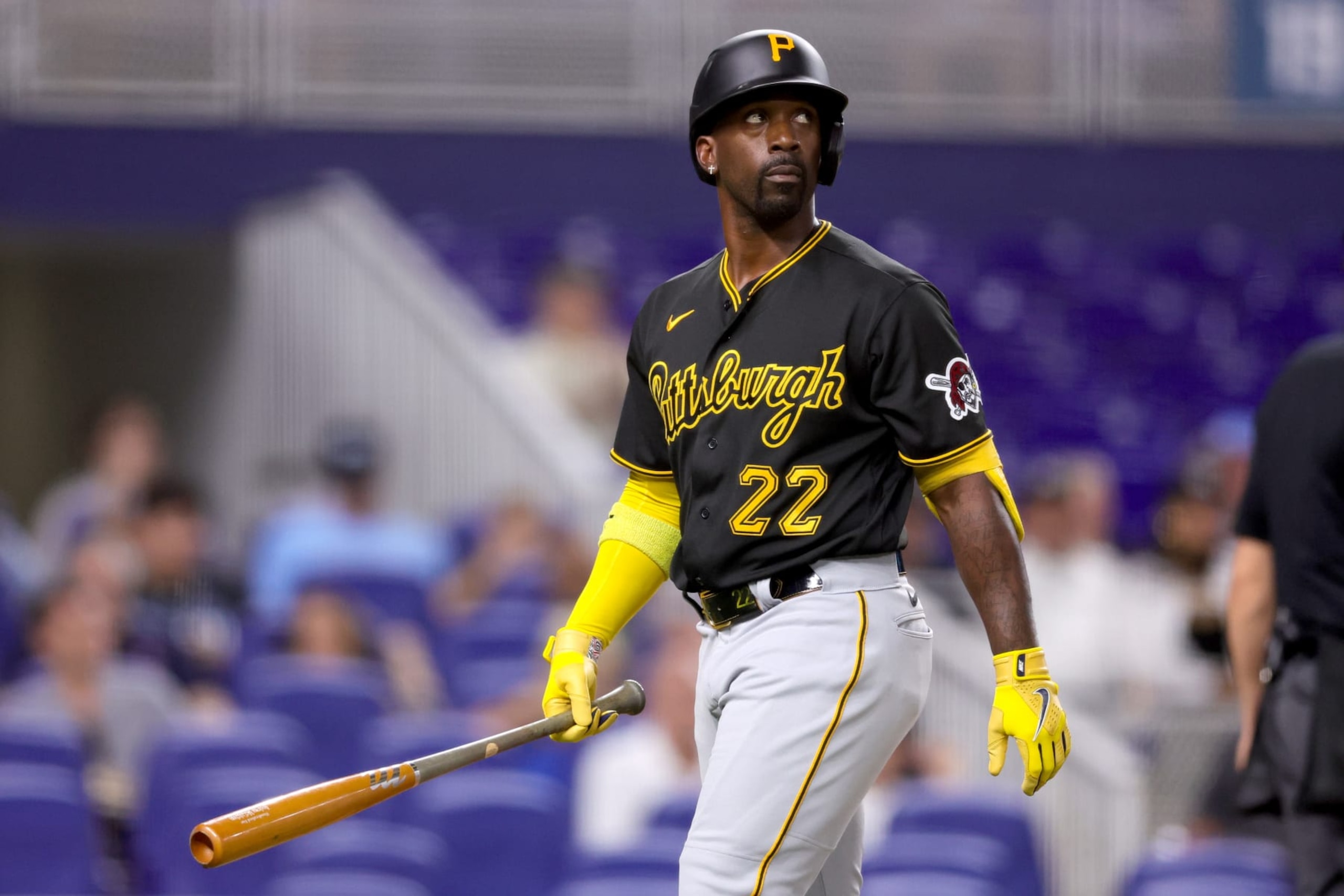 MIAMI, FLORIDA - JUNE 22: Andrew McCutchen #22 of the Pittsburgh Pirates at bat against the Miami Marlins during the fourth inning at loanDepot park on June 22, 2023 in Miami, Florida. (Photo by Megan Briggs/Getty Images)