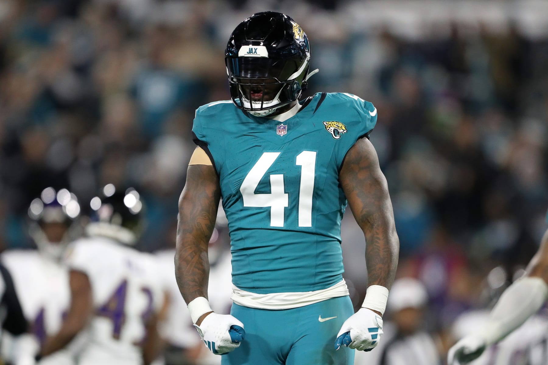 JACKSONVILLE, FLORIDA - DECEMBER 17: Josh Allen #41 of the Jacksonville Jaguars reacts during the first half of a game against the Baltimore Ravens at EverBank Stadium on December 17, 2023 in Jacksonville, Florida. (Photo by Courtney Culbreath/Getty Images)