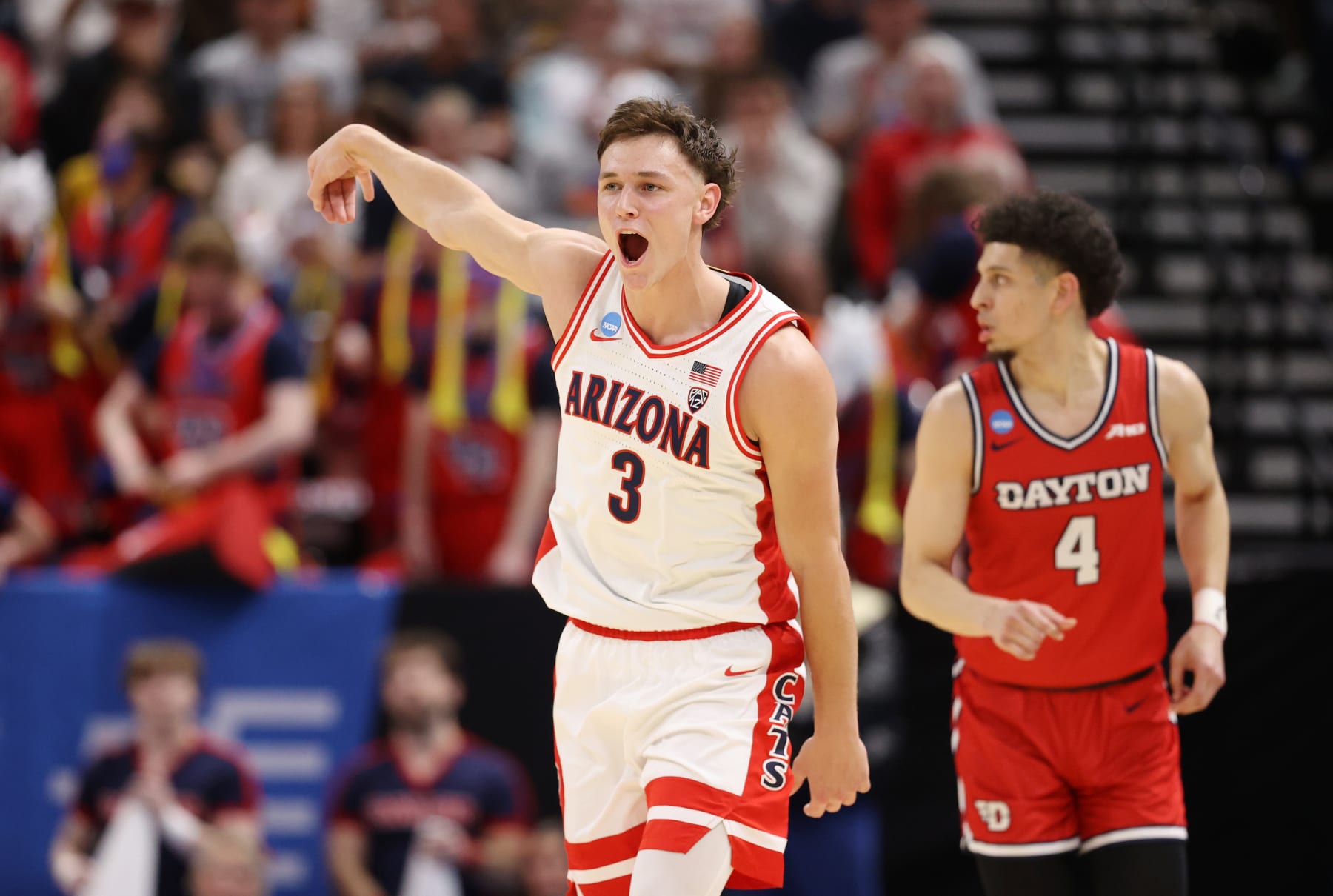 SALT LAKE CITY, UTAH - MARCH 23: Pelle Larsson #3 of the Arizona Wildcats celebrates during the first half against the Dayton Flyers in the second round of the NCAA Men's Basketball Tournament at Delta Center on March 23, 2024 in Salt Lake City, Utah. (Photo by Christian Petersen/Getty Images)