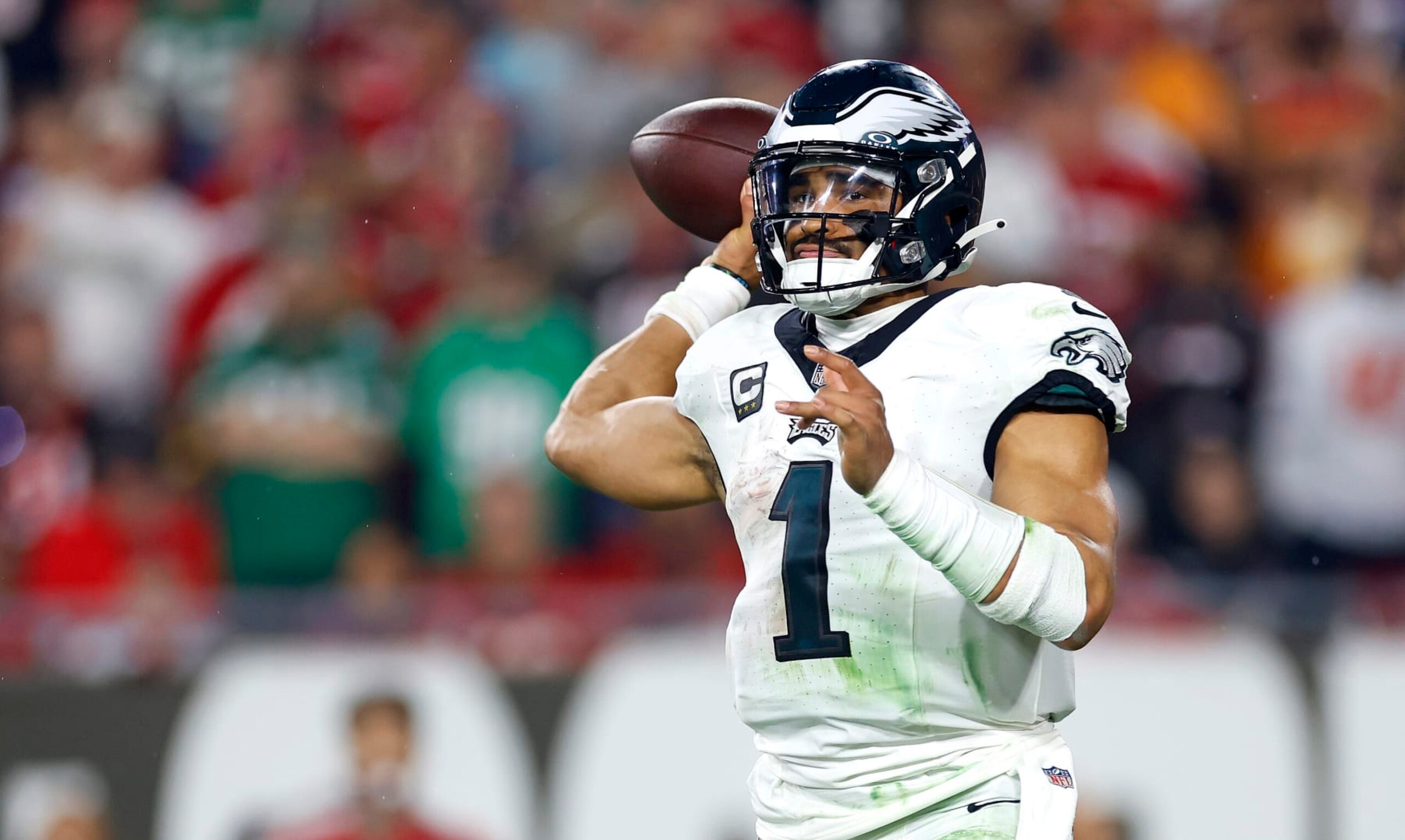 TAMPA, FLORIDA - JANUARY 15: Jalen Hurts #1 of the Philadelphia Eagles plays during the NFC Wild Card game against the Tampa Bay Buccaneers at Raymond James Stadium on January 15, 2024 in Tampa, Florida. (Photo by Mike Ehrmann/Getty Images)