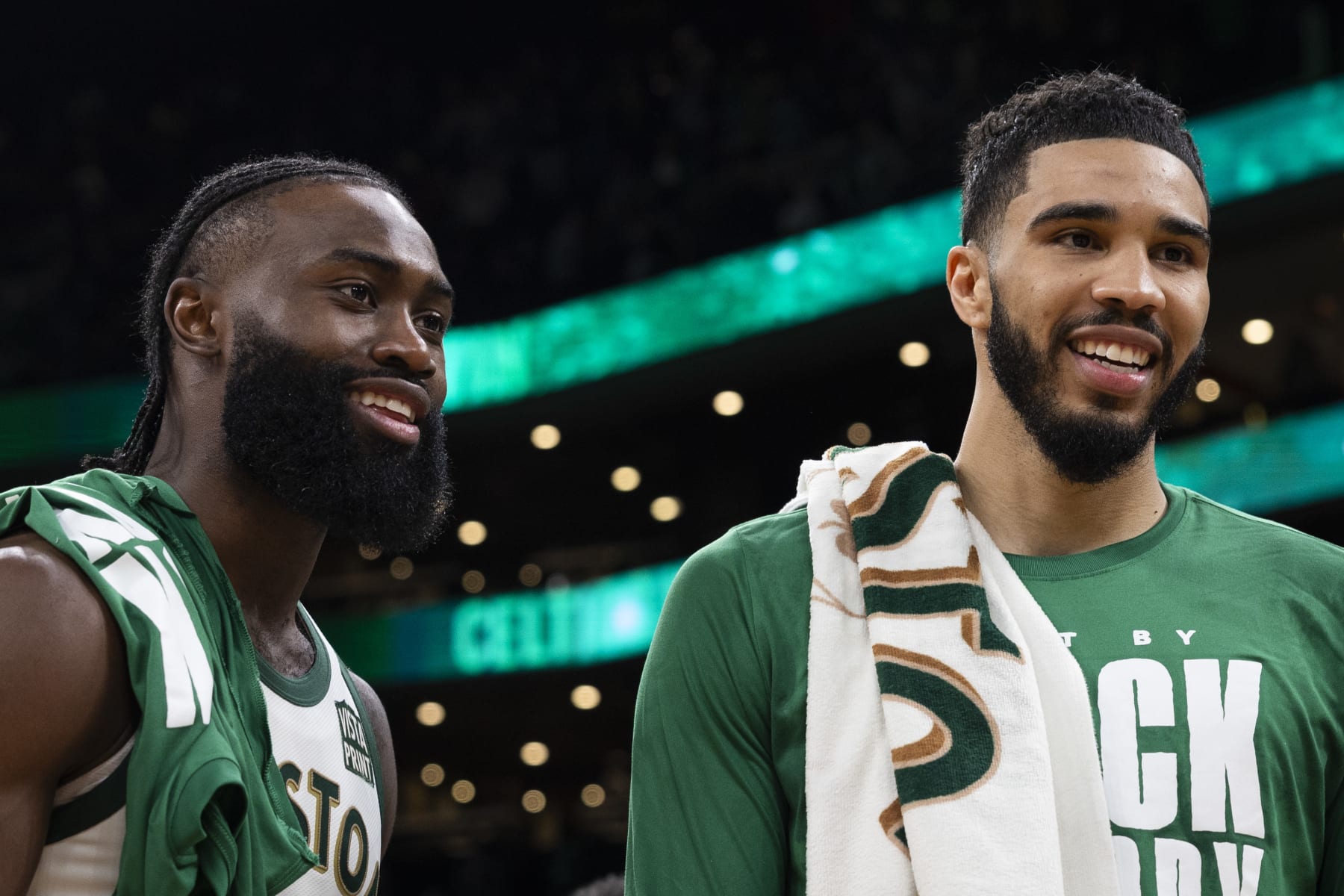 BOSTON, MA - FEBRUARY 27:  Jaylen Brown #7 of the Boston Celtics and Jayson Tatum #0 of the Boston Celtics react after a win over the Philadelphia 76ers at TD Garden on February 27, 2024 in Boston, Massachusetts. NOTE TO USER: User expressly acknowledges and agrees that, by downloading and or using this photograph, User is consenting to the terms and conditions of the Getty Images License Agreement. (Photo by Adam Glanzman/Getty Images)