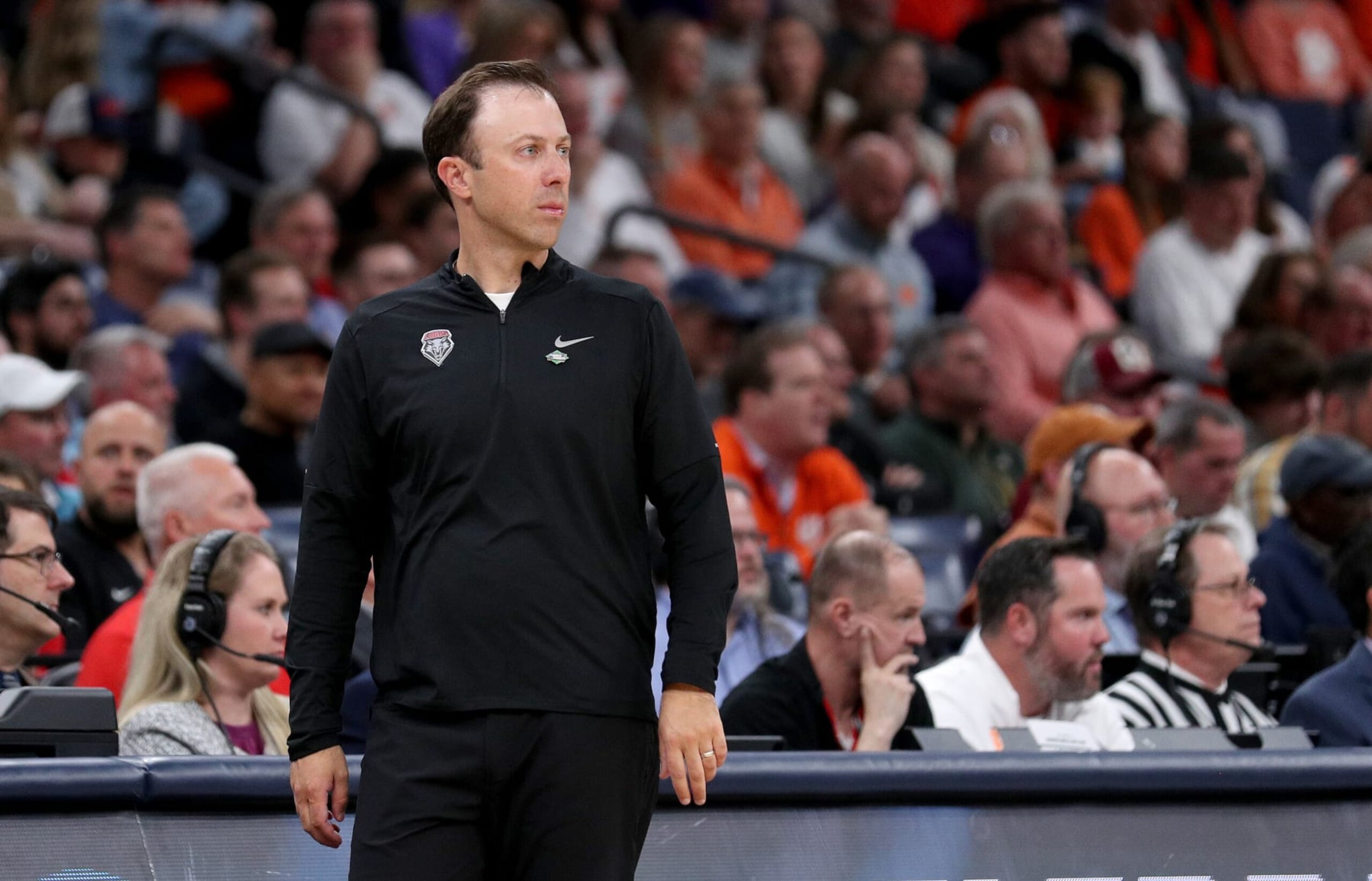 MEMPHIS, TENNESSEE - MARCH 22: Head coach Richard Pitino of the New Mexico Lobos  looks on during a game against the Clemson Tigers in the first round of the NCAA Men's Basketball Tournament  at FedExForum on March 22, 2024 in Memphis, Tennessee. (Photo by Justin Ford/Getty Images)