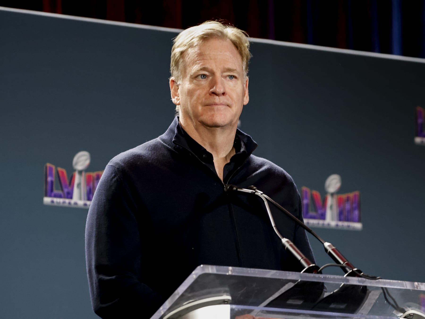 LAS VEGAS, NEVADA - FEBRUARY 12: NFL Commissioner Roger Goodell address the media during the Super Bowl Winning Team Head Coach and MVP Press Conference at the Mandalay Bay North Convention Center on February 12, 2024 in Las Vegas, Nevada. (Photo by Don Juan Moore/Getty Images)
