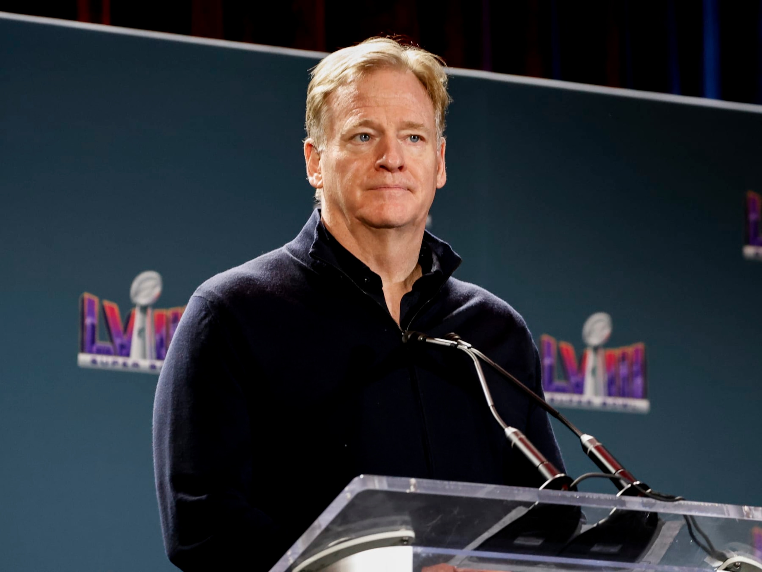 LAS VEGAS, NEVADA - FEBRUARY 12: NFL Commissioner Roger Goodell address the media during the Super Bowl Winning Team Head Coach and MVP Press Conference at the Mandalay Bay North Convention Center on February 12, 2024 in Las Vegas, Nevada. (Photo by Don Juan Moore/Getty Images)