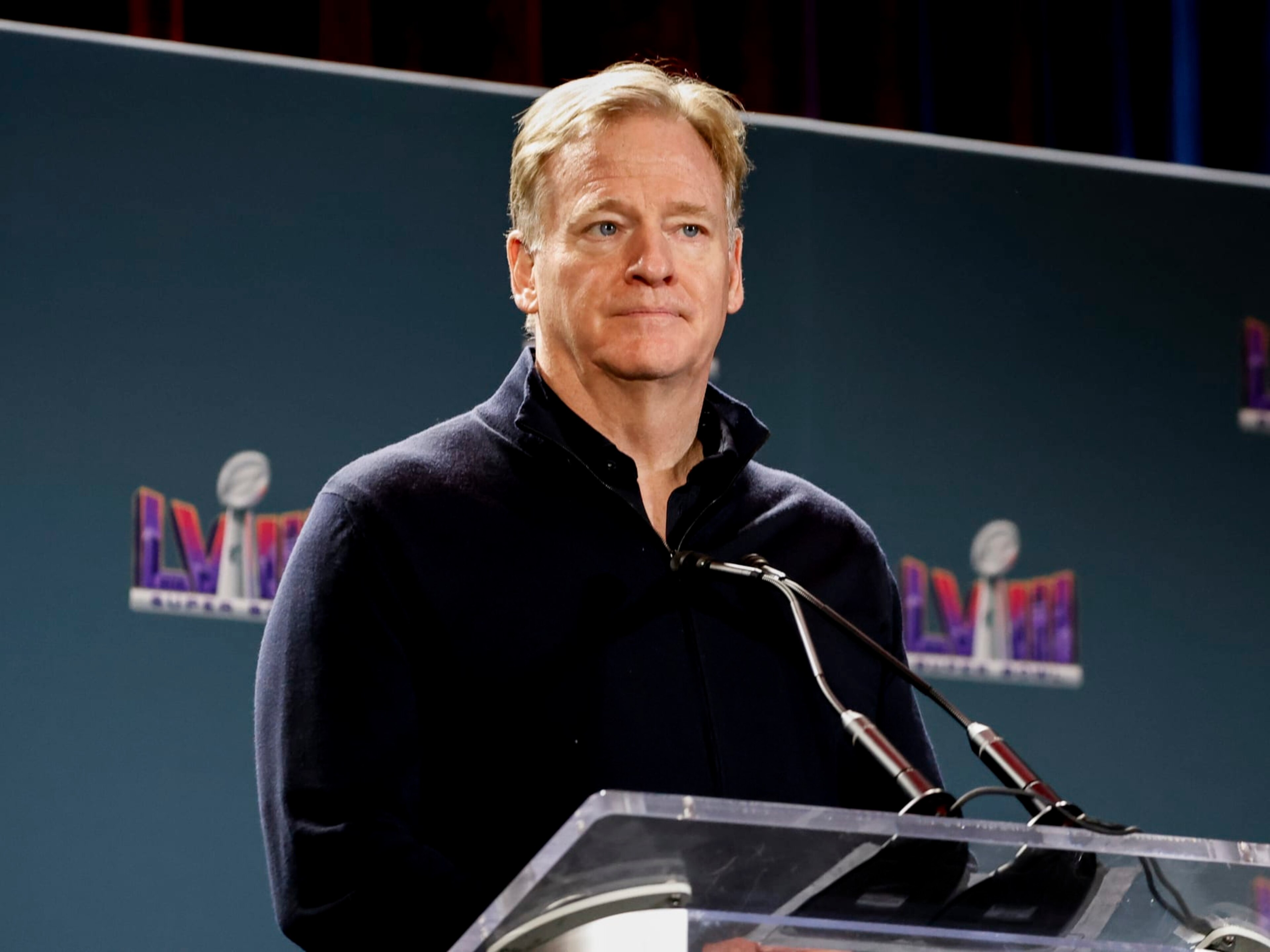 LAS VEGAS, NEVADA - FEBRUARY 12: NFL Commissioner Roger Goodell address the media during the Super Bowl Winning Team Head Coach and MVP Press Conference at the Mandalay Bay North Convention Center on February 12, 2024 in Las Vegas, Nevada. (Photo by Don Juan Moore/Getty Images) LAS VEGAS, NEVADA - FEBRUARY 12: NFL Commissioner Roger Goodell address the media during the Super Bowl Winning Team Head Coach and MVP Press Conference at the Mandalay Bay North Convention Center on February 12, 2024 in Las Vegas, Nevada. (Photo by Don Juan Moore/Getty Images)