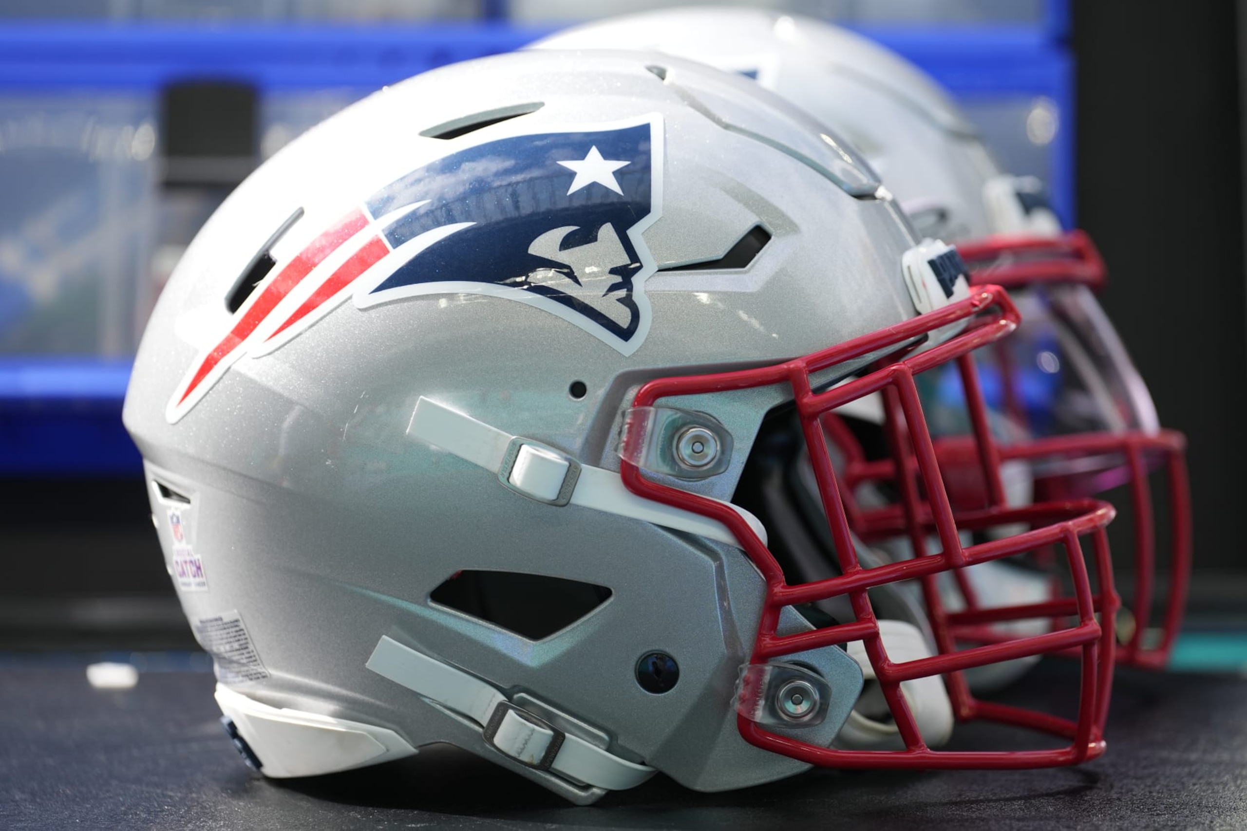 MIAMI GARDENS, FL - OCTOBER 29: a New England Patriots helmet rests near the sidelines before the game between the New England Patriots and the Miami Dolphins on Sunday, October 29, 2023 at Hard Rock Stadium, Miami Gardens, Fla. (Photo by Peter Joneleit/Icon Sportswire via Getty Images)