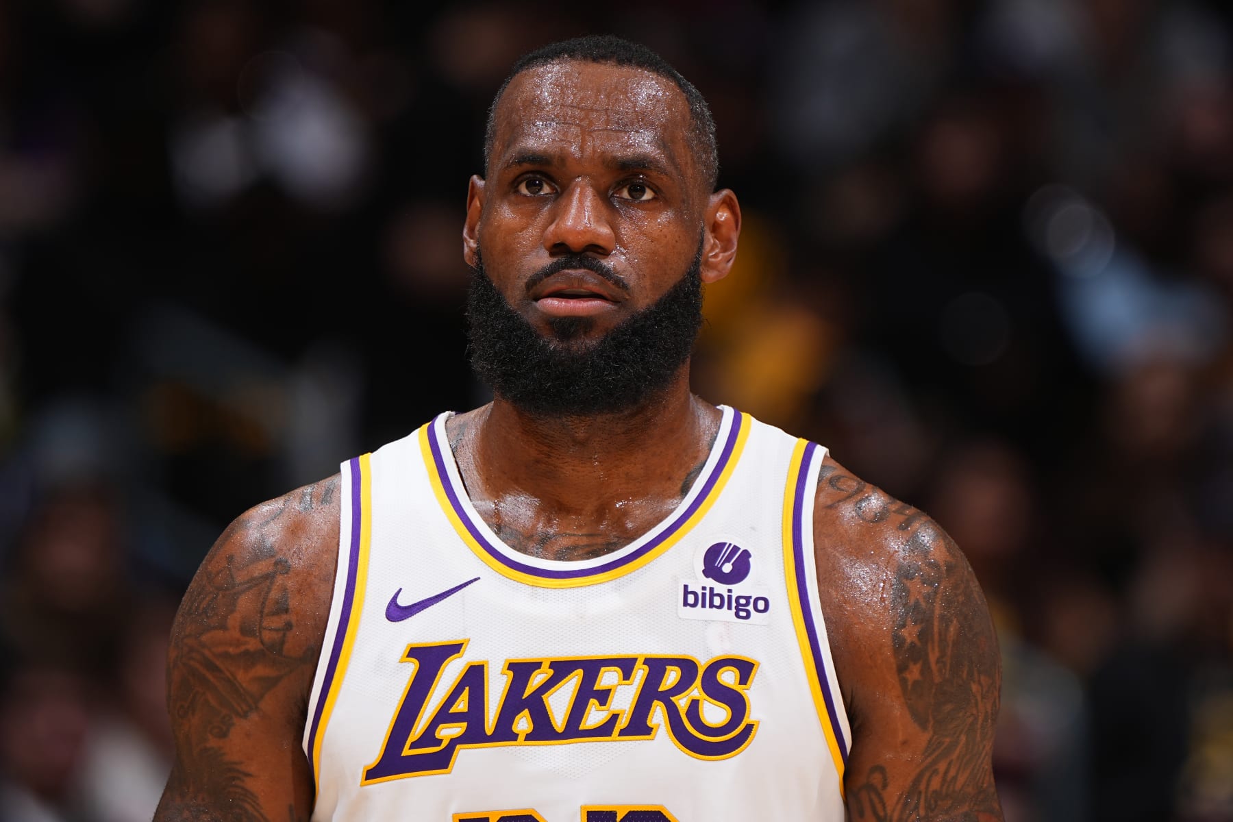 LOS ANGELES, CA - MARCH 24: LeBron James #23 of the Los Angeles Lakers looks on during the game against the Indiana Pacers on March 24, 2024 at Crypto.Com Arena in Los Angeles, California. NOTE TO USER: User expressly acknowledges and agrees that, by downloading and/or using this Photograph, user is consenting to the terms and conditions of the Getty Images License Agreement. Mandatory Copyright Notice: Copyright 2024 NBAE (Photo by Garrett Ellwood/NBAE via Getty Images)