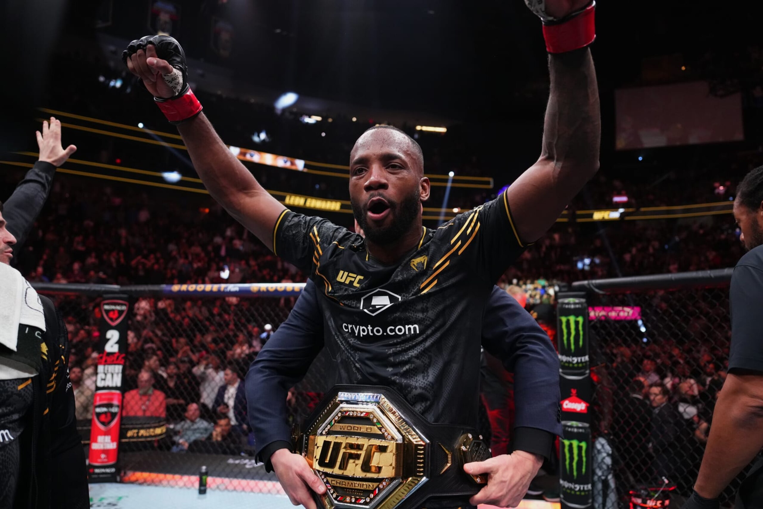 UFC welterweight champion Leon Edwards celebrates a win over Colby Covington in Dec. 2023. 