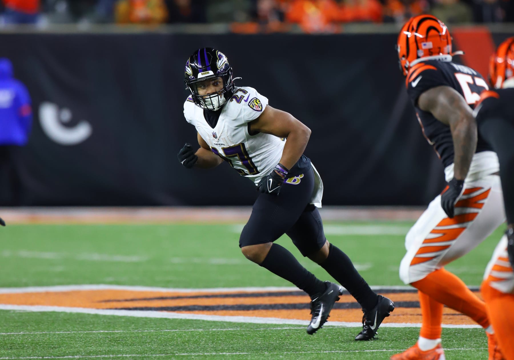 CINCINNATI, OH - JANUARY 15: Baltimore Ravens running back J.K. Dobbins (27) in an AFC Wild Card Playoff game between the Baltimore Ravens and the Cincinnati Bengals on January 15, 2023, at Paycor Stadium in Cincinnati, OH. (Photo by Jeff Moreland/Icon Sportswire via Getty Images)