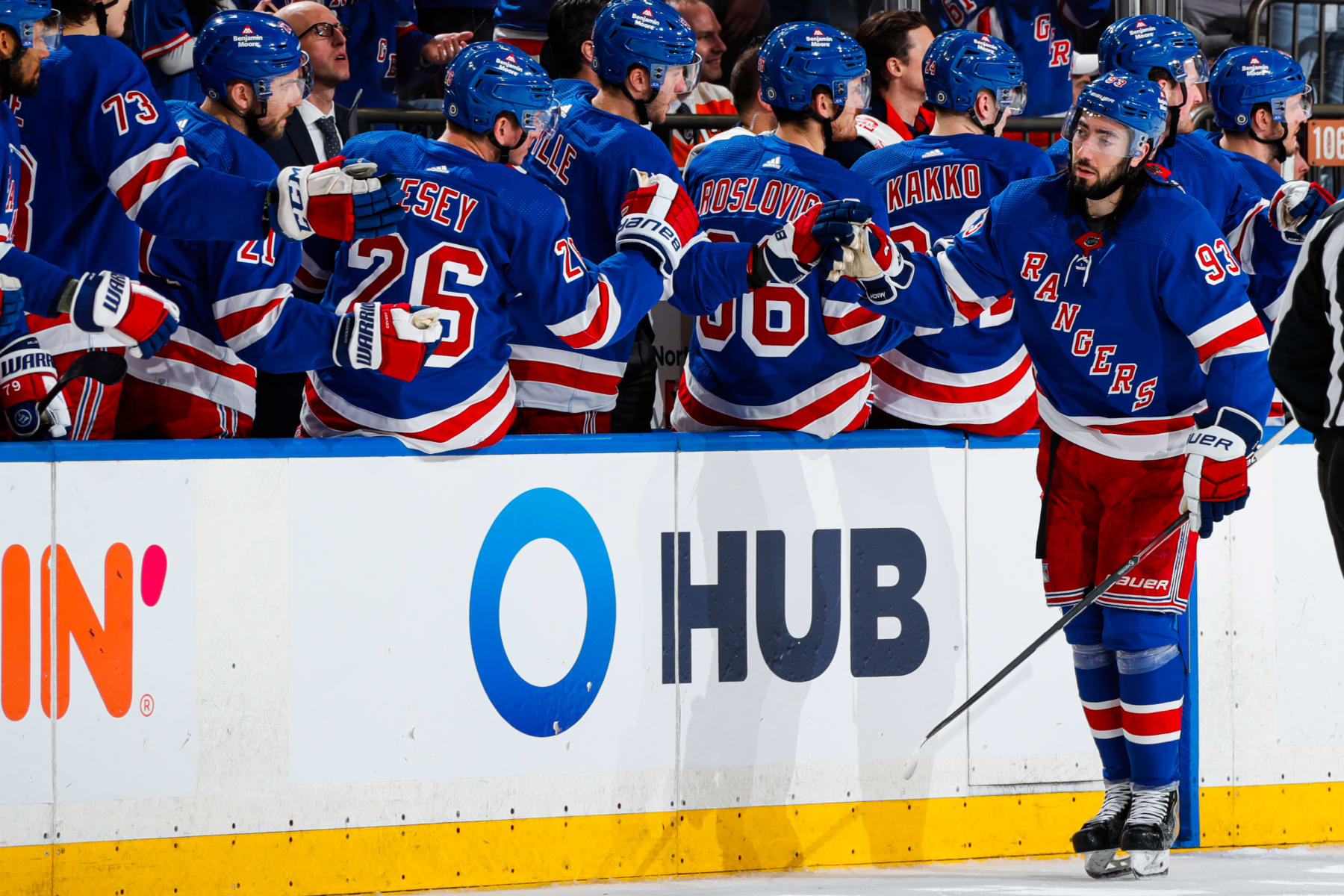 NEW YORK, NEW YORK - MARCH 26:  Mika Zibanejad #93 of the New York Rangers celebrates with teammates after scoring a goal in the second period against the Philadelphia Flyers at Madison Square Garden on March 26, 2024 in New York City. (Photo by Jared Silber/NHLI via Getty Images)