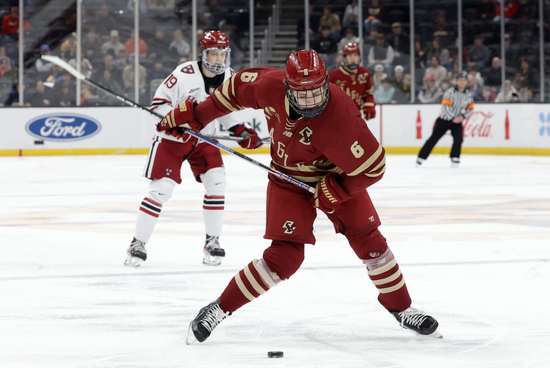 BOSTON, MA - FEBRUARY 12: Boston College forward Will Smith (6) fires a shot during the Beanpot Consolation game between Boston College and Harvard on February 12, 2024, at TD Garden in Boston, Massachusetts. (Photo by Fred Kfoury III/Icon Sportswire via Getty Images)