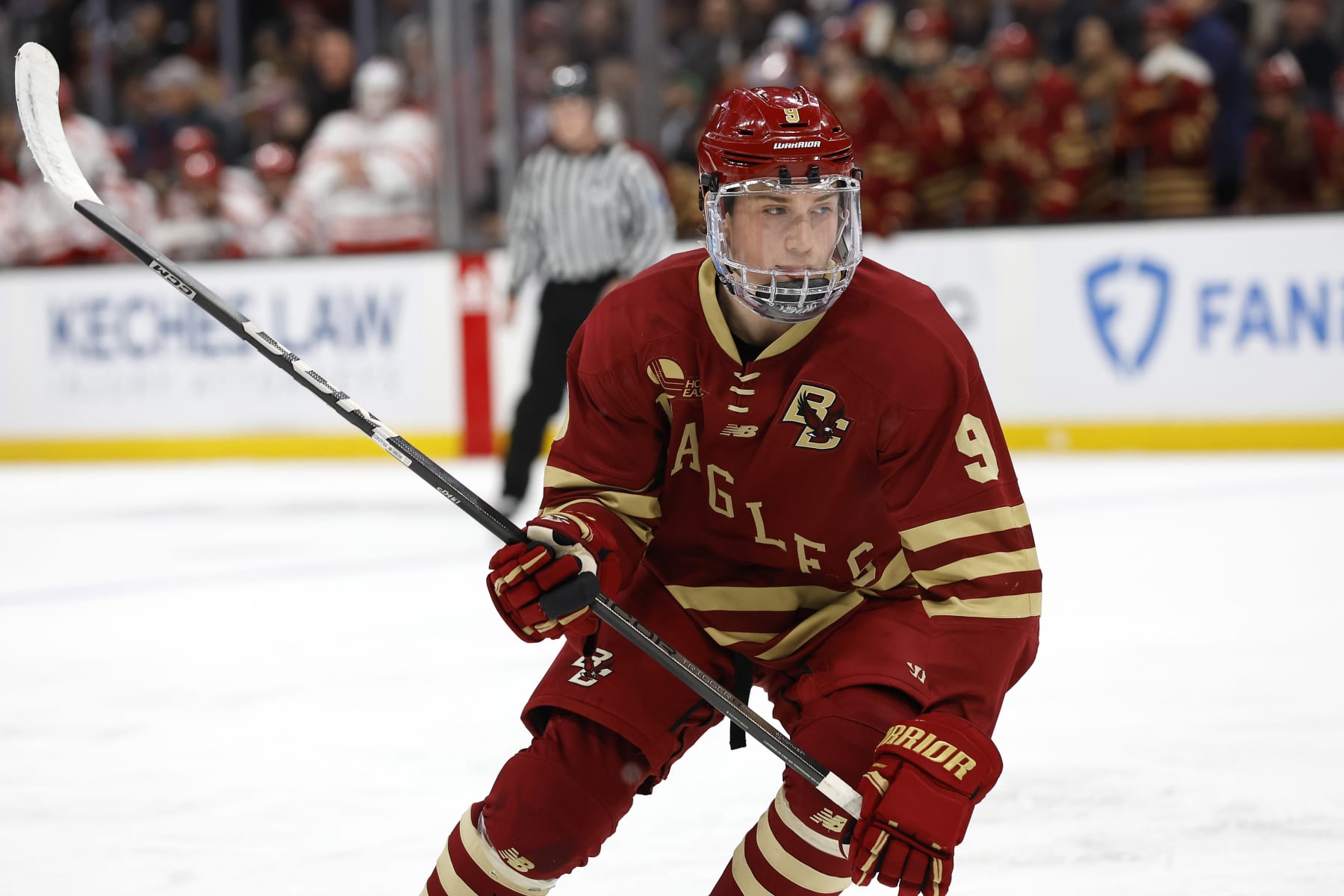 BOSTON, MA - FEBRUARY 5: Ryan Leonard #9 of the Boston College Eagles during the first period of the semifinals of the Beanpot Tournament against the Boston University Terriers at TD Garden on February 5, 2024 in Boston, Massachusetts. (Photo By Winslow Townson/Getty Images)