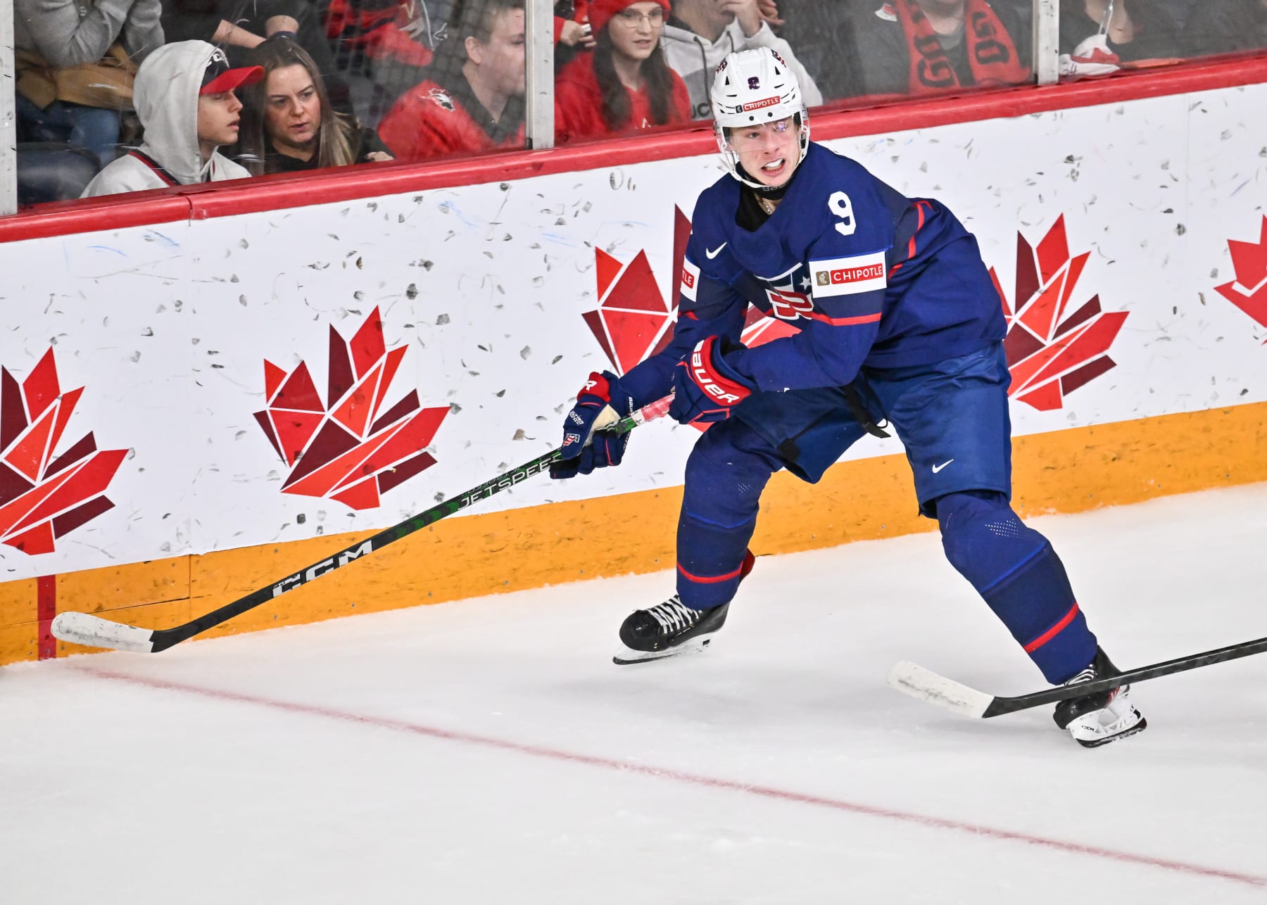 HALIFAX, CANADA - JANUARY 04:  Jackson Blake #9 of Team United States skates during the first period against Team Canada in the semifinal round of the 2023 IIHF World Junior Championship at Scotiabank Centre on January 4, 2023 in Halifax, Nova Scotia, Canada.  Team Canada defeated Team United States 6-2.  (Photo by Minas Panagiotakis/Getty Images)