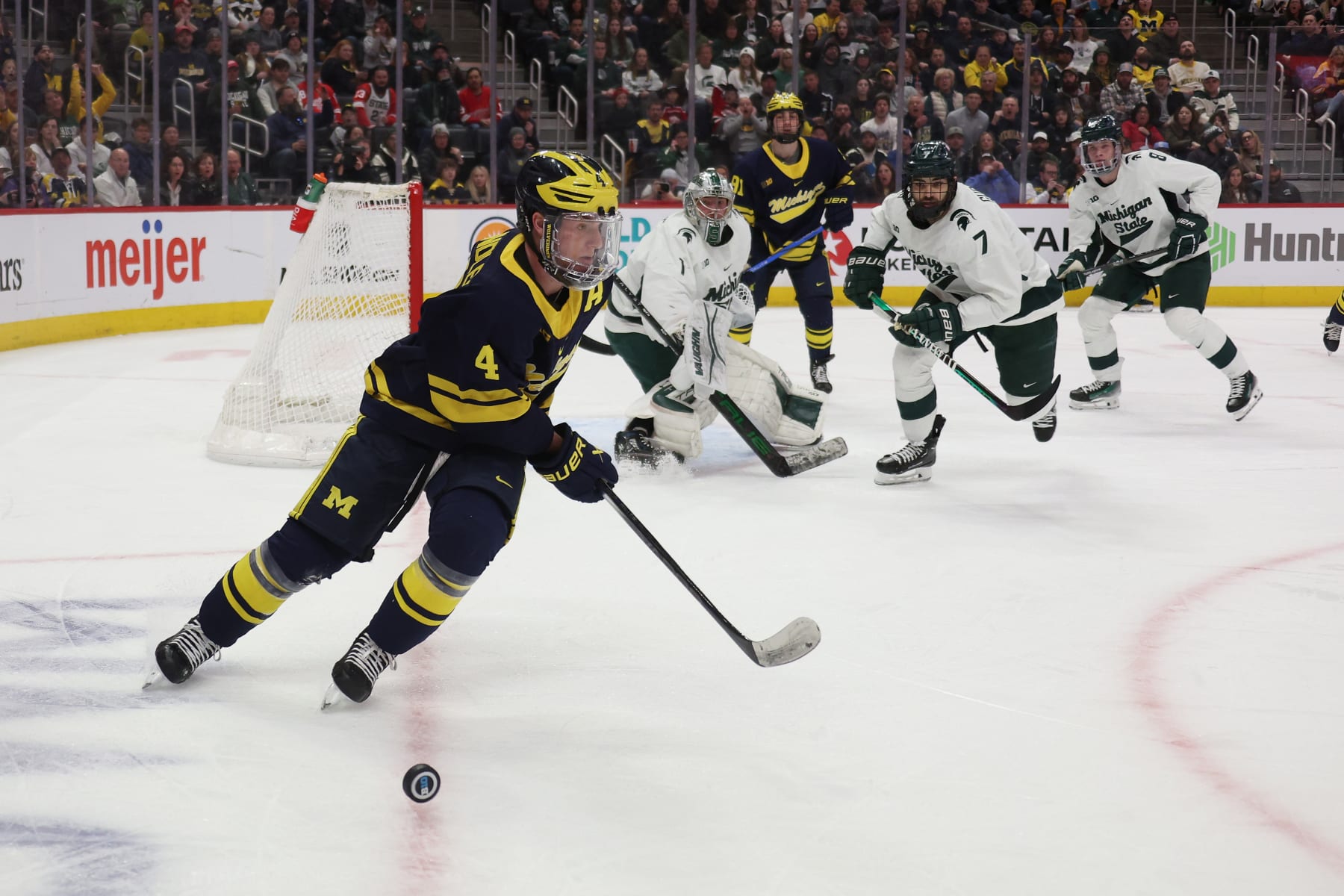 DETROIT, MICHIGAN - FEBRUARY 10: Gavin Brindley #4 of the Michigan Wolverines plays against the Michigan State Spartans at Little Caesars Arena on February 10, 2024 in Detroit, Michigan. (Photo by Gregory Shamus/Getty Images)