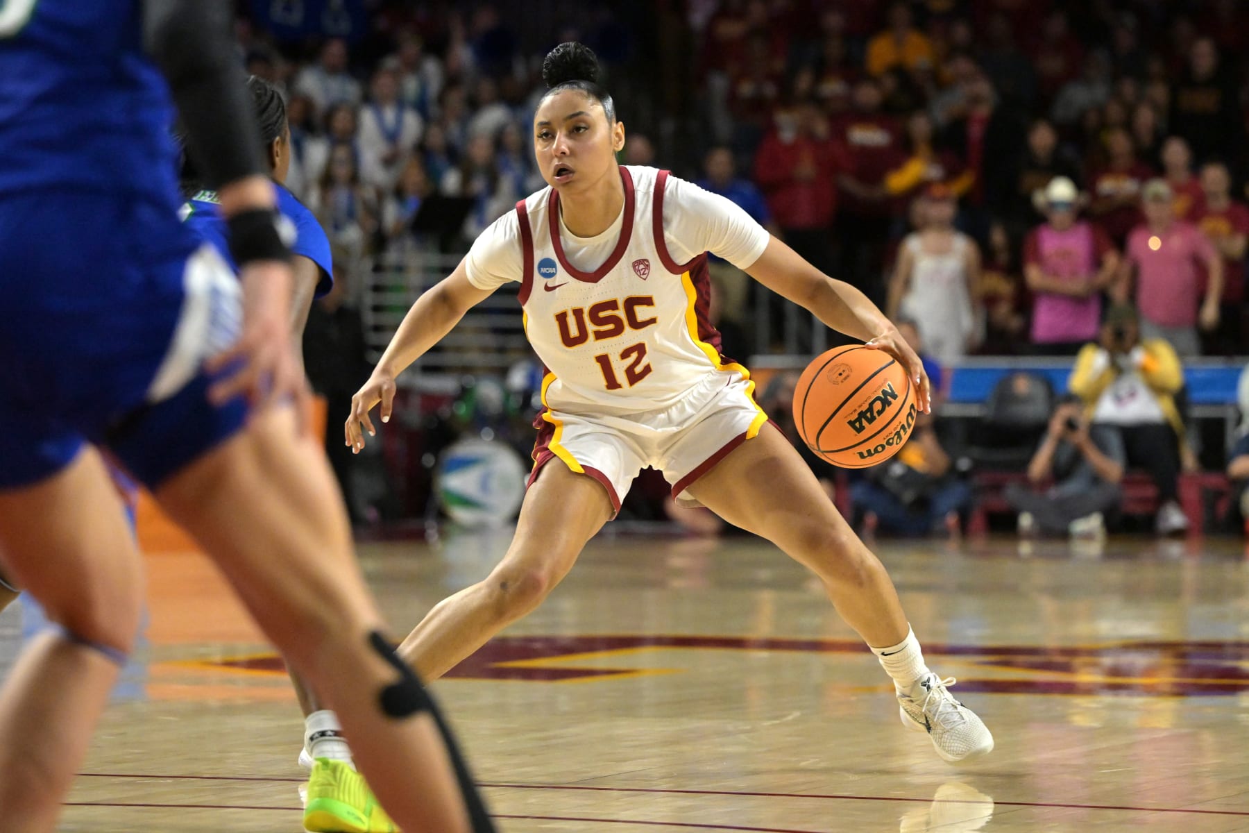 LOS ANGELES, CALIFORNIA - MARCH 23:  JuJu Watkins #12 of the USC Trojans handles the ball in the second half against the Texas A&M-CC Islanders of the NCAA Women's Basketball Tournament at Galen Center on March 23, 2024 in Los Angeles, California. (Photo by Jayne Kamin-Oncea/Getty Images)