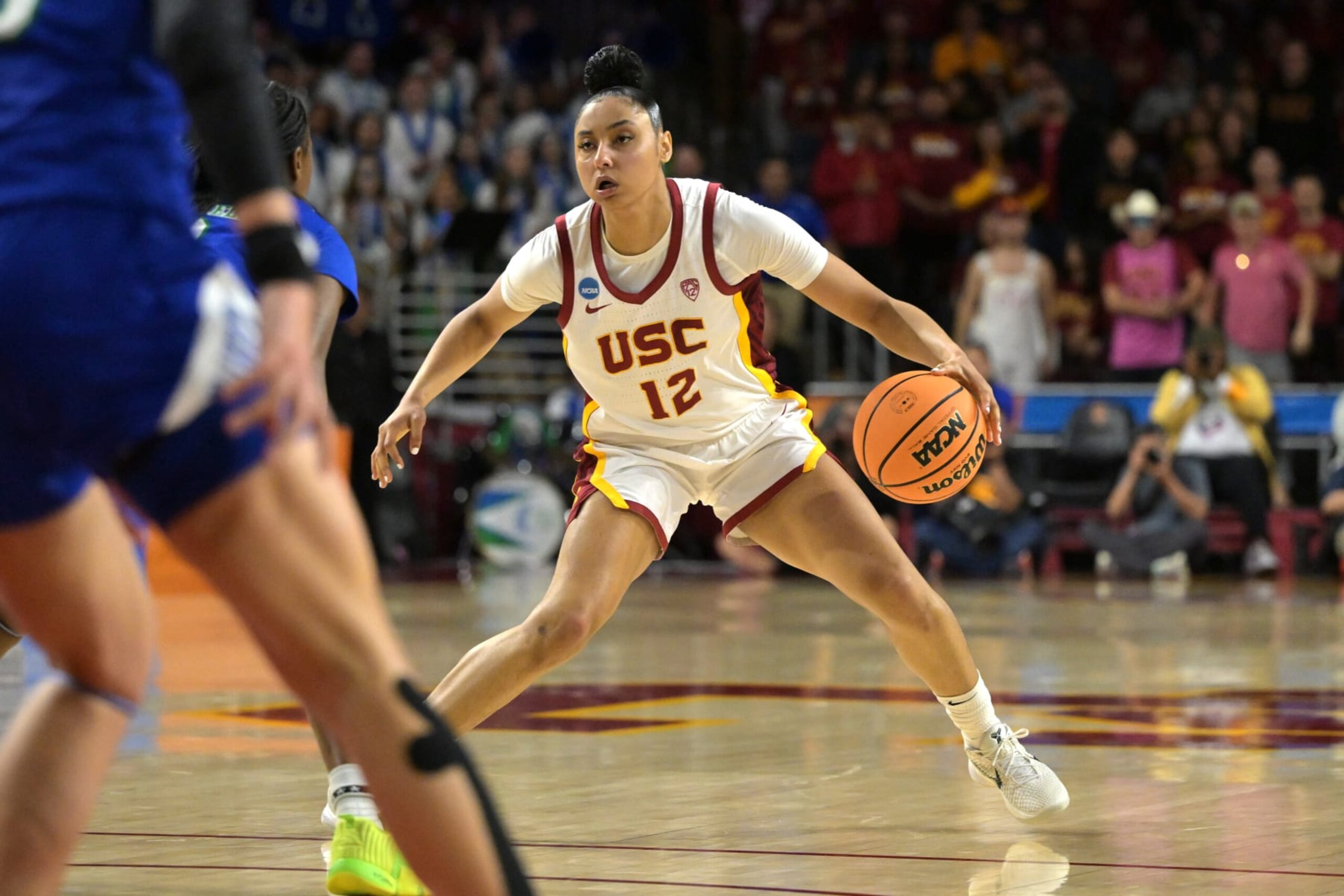 LOS ANGELES, CALIFORNIA - MARCH 23:  JuJu Watkins #12 of the USC Trojans handles the ball in the second half against the Texas A&M-CC Islanders of the NCAA Women's Basketball Tournament at Galen Center on March 23, 2024 in Los Angeles, California. (Photo by Jayne Kamin-Oncea/Getty Images)