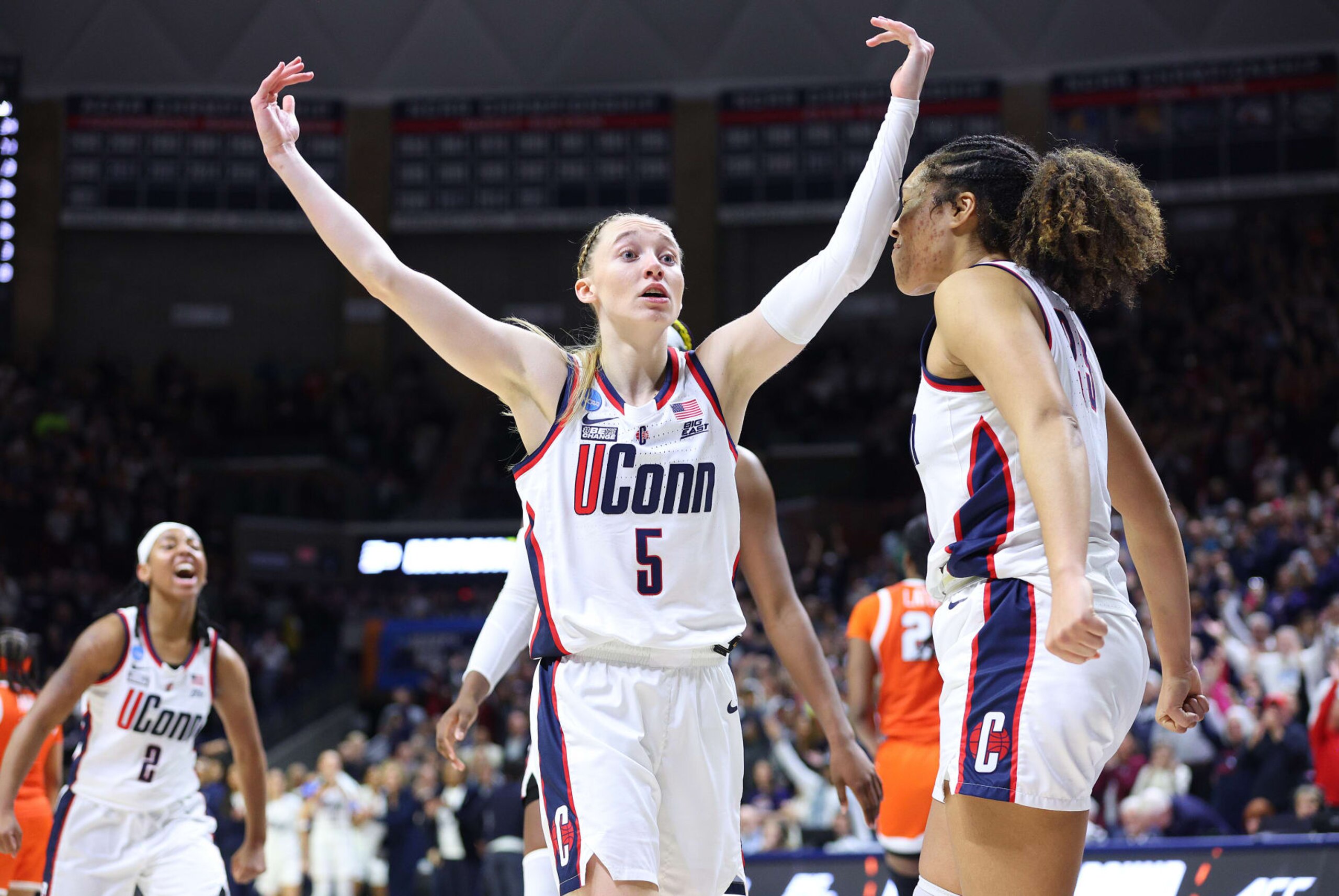 STORRS, CT - MARCH 25: UConn Huskies guard Paige Bueckers (5) pumps up the student section in the final seconds of the Syracuse Orange game versus the UConn Huskies in the second round of the NCAA Division I Women's Championship on March 25, 2024, at Harry A. Gampel Pavilion in Storrs, CT.  (Photo by M. Anthony Nesmith/Icon Sportswire via Getty Images)