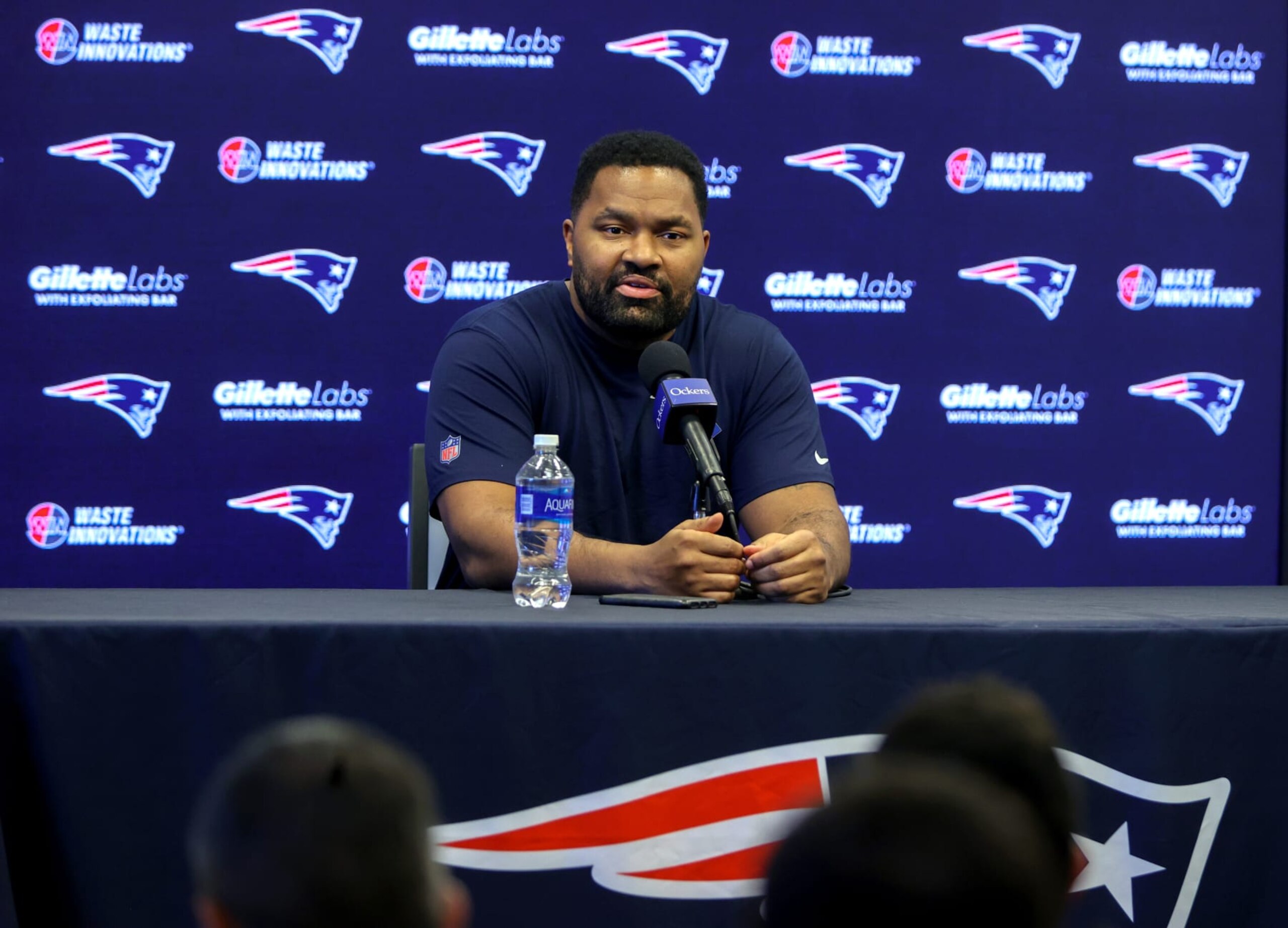 Foxborough, MA - February 21: New England Patriots head coach Jerod Mayo speaks at an off-season press conference. (Photo by Jonathan Wiggs/The Boston Globe via Getty Images)