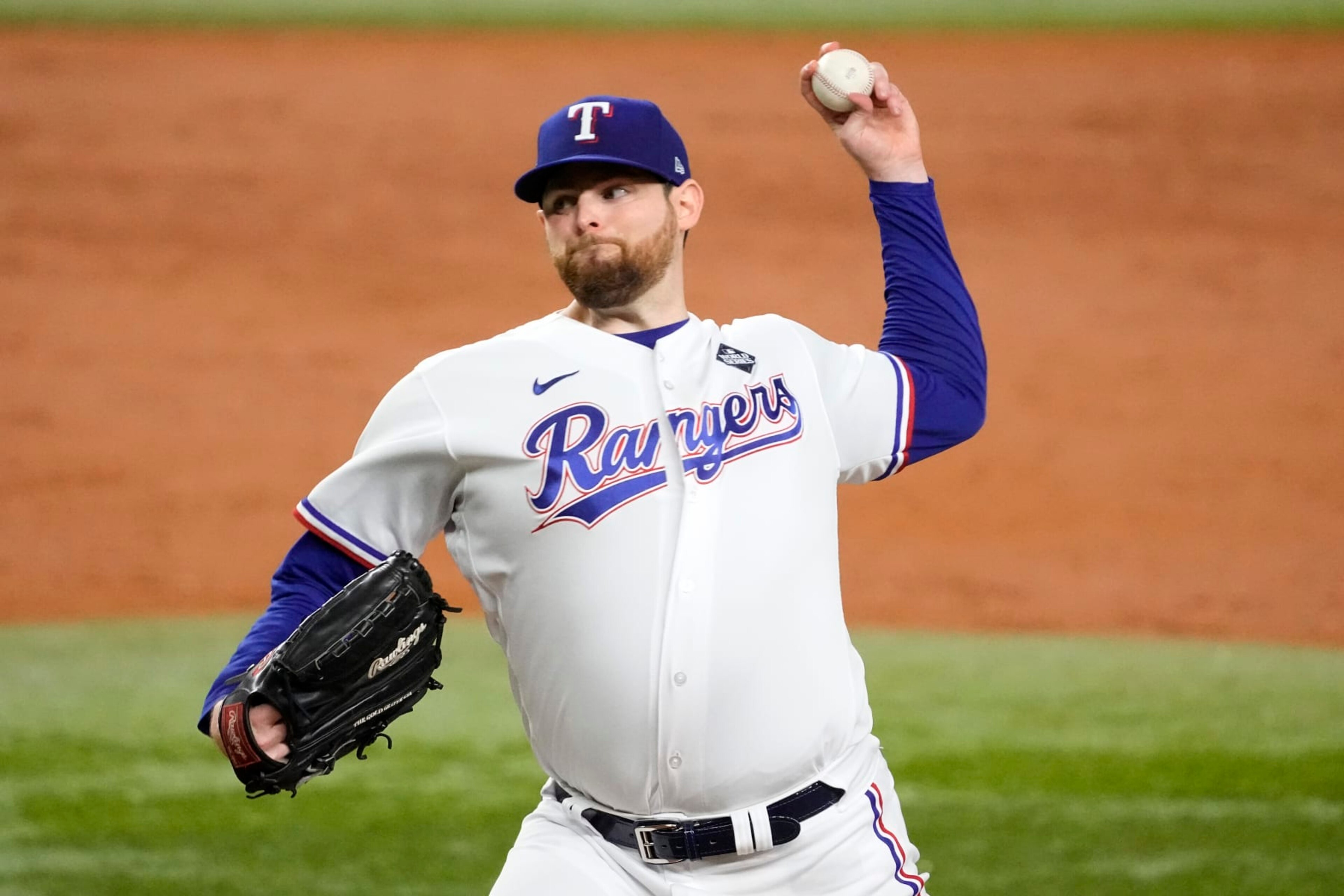 ARLINGTON, TEXAS - OCTOBER 28: Jordan Montgomery #52 of the Texas Rangers pitches in the third inning against the Arizona Diamondbacks during Game Two of the World Series at Globe Life Field on October 28, 2023 in Arlington, Texas. (Photo by Sam Hodde/Getty Images) ARLINGTON, TEXAS - OCTOBER 28: Jordan Montgomery #52 of the Texas Rangers pitches in the third inning against the Arizona Diamondbacks during Game Two of the World Series at Globe Life Field on October 28, 2023 in Arlington, Texas. (Photo by Sam Hodde/Getty Images)