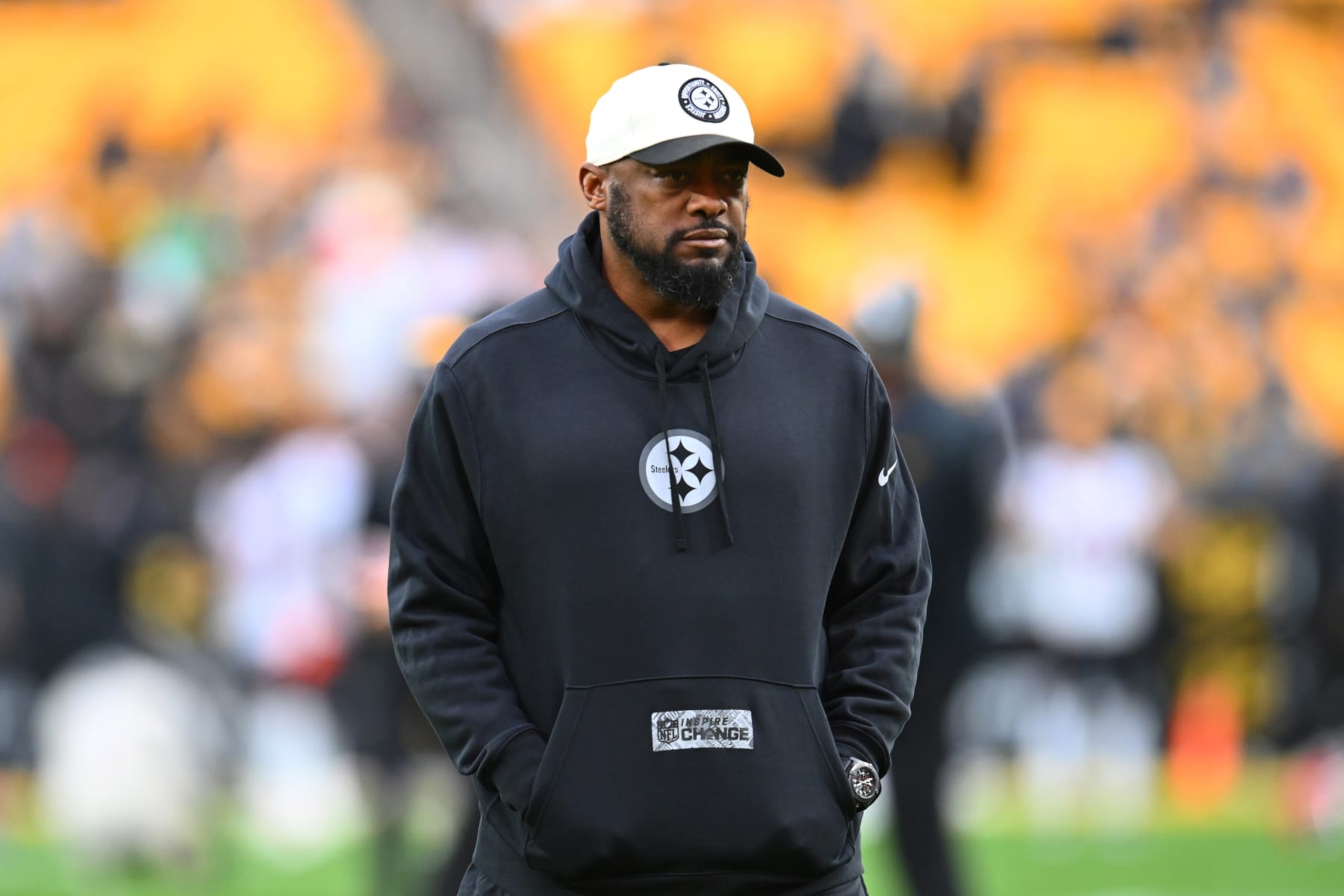 PITTSBURGH, PENNSYLVANIA - DECEMBER 23: Pittsburgh Steelers head coach Mike Tomlin looks on prior to a game against the Cincinnati Bengals at Acrisure Stadium on December 23, 2023 in Pittsburgh, Pennsylvania. (Photo by Joe Sargent/Getty Images) PITTSBURGH, PENNSYLVANIA - DECEMBER 23: Pittsburgh Steelers head coach Mike Tomlin looks on prior to a game against the Cincinnati Bengals at Acrisure Stadium on December 23, 2023 in Pittsburgh, Pennsylvania. (Photo by Joe Sargent/Getty Images)