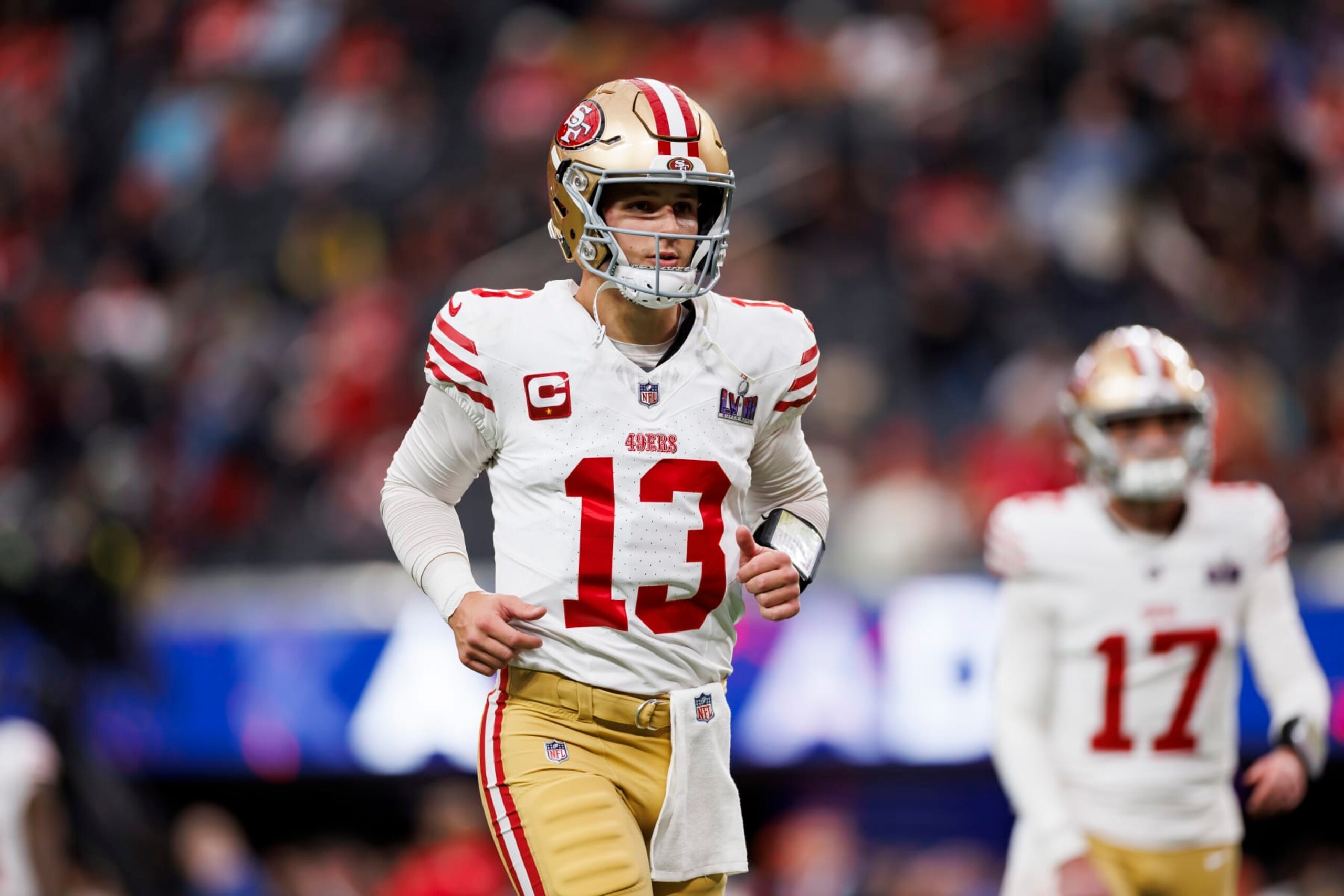 LAS VEGAS, NEVADA - FEBRUARY 11: Brock Purdy #13 of the San Francisco 49ers runs during pregame warmups before Super Bowl LVIII against the Kansas City Chiefs at Allegiant Stadium on February 11, 2024 in Las Vegas, Nevada. (Photo by Ryan Kang/Getty Images)
