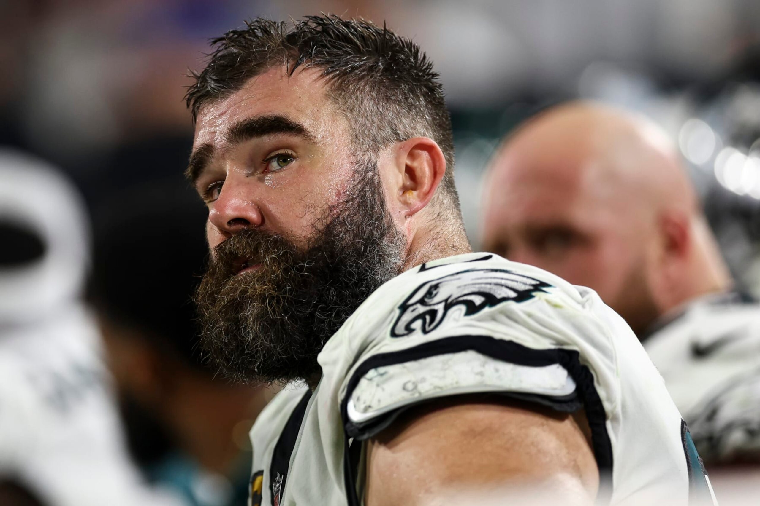 TAMPA, FL - JANUARY 15: Jason Kelce #62 of the Philadelphia Eagles looks on from the bench during the fourth quarter of an NFL wild-card playoff football game against the Tampa Bay Buccaneers at Raymond James Stadium on January 15, 2024 in Tampa, Florida. (Photo by Kevin Sabitus/Getty Images) TAMPA, FL - JANUARY 15: Jason Kelce #62 of the Philadelphia Eagles looks on from the bench during the fourth quarter of an NFL wild-card playoff football game against the Tampa Bay Buccaneers at Raymond James Stadium on January 15, 2024 in Tampa, Florida. (Photo by Kevin Sabitus/Getty Images)