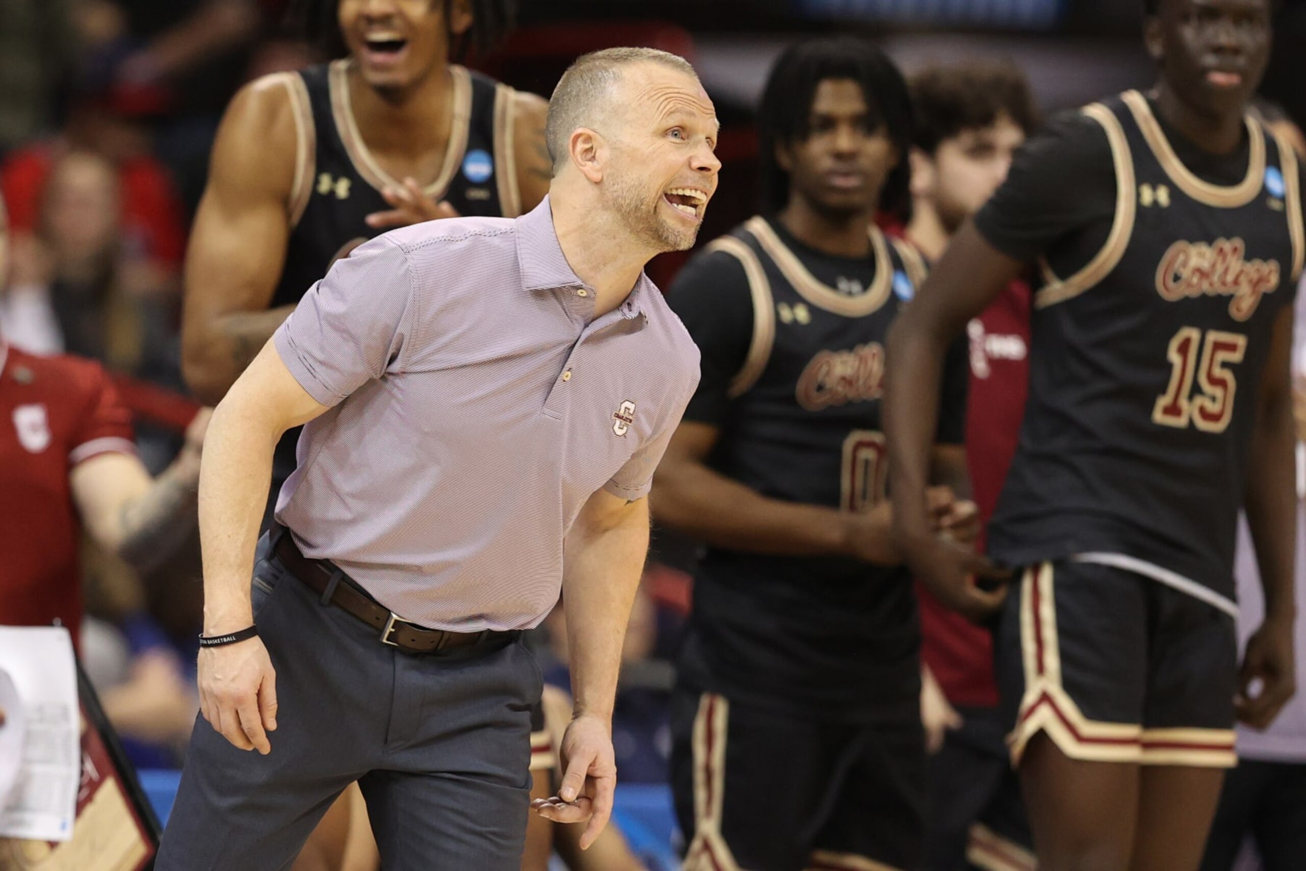 SPOKANE, WASHINGTON - MARCH 22: Head coach Pat Kelsey of the Charleston Cougars reacts against the Alabama Crimson Tide during the first half in the first round of the NCAA Men's Basketball Tournament at Spokane Veterans Memorial Arena on March 22, 2024 in Spokane, Washington. (Photo by Steph Chambers/Getty Images)