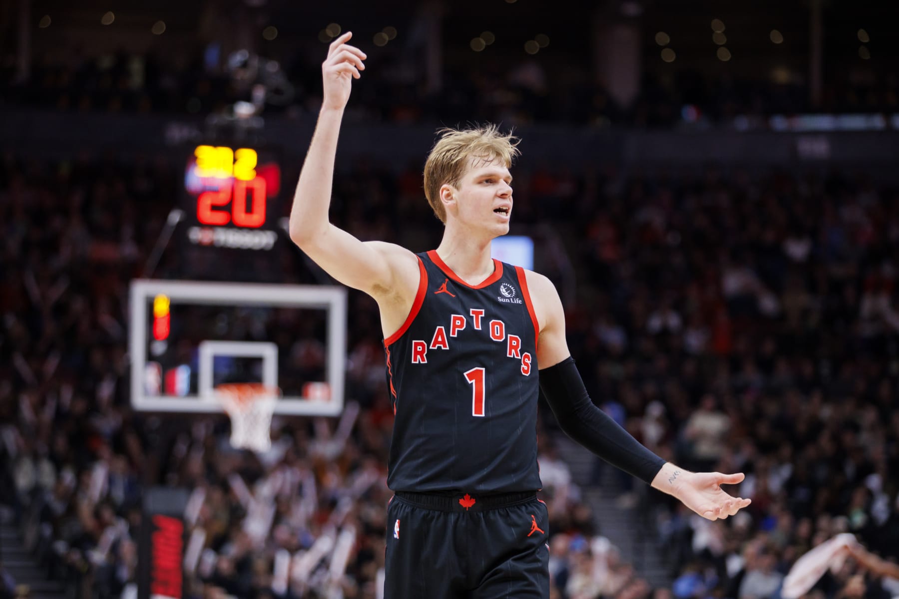 TORONTO, CANADA - MARCH 22: Gradey Dick #1 of the Toronto Raptors reacts in the second half of their NBA game against the Oklahoma City Thunder at Scotiabank Arena on March 22, 2024 in Toronto, Canada. NOTE TO USER: User expressly acknowledges and agrees that, by downloading and or using this photograph, User is consenting to the terms and conditions of the Getty Images License Agreement. (Photo by Cole Burston/Getty Images)