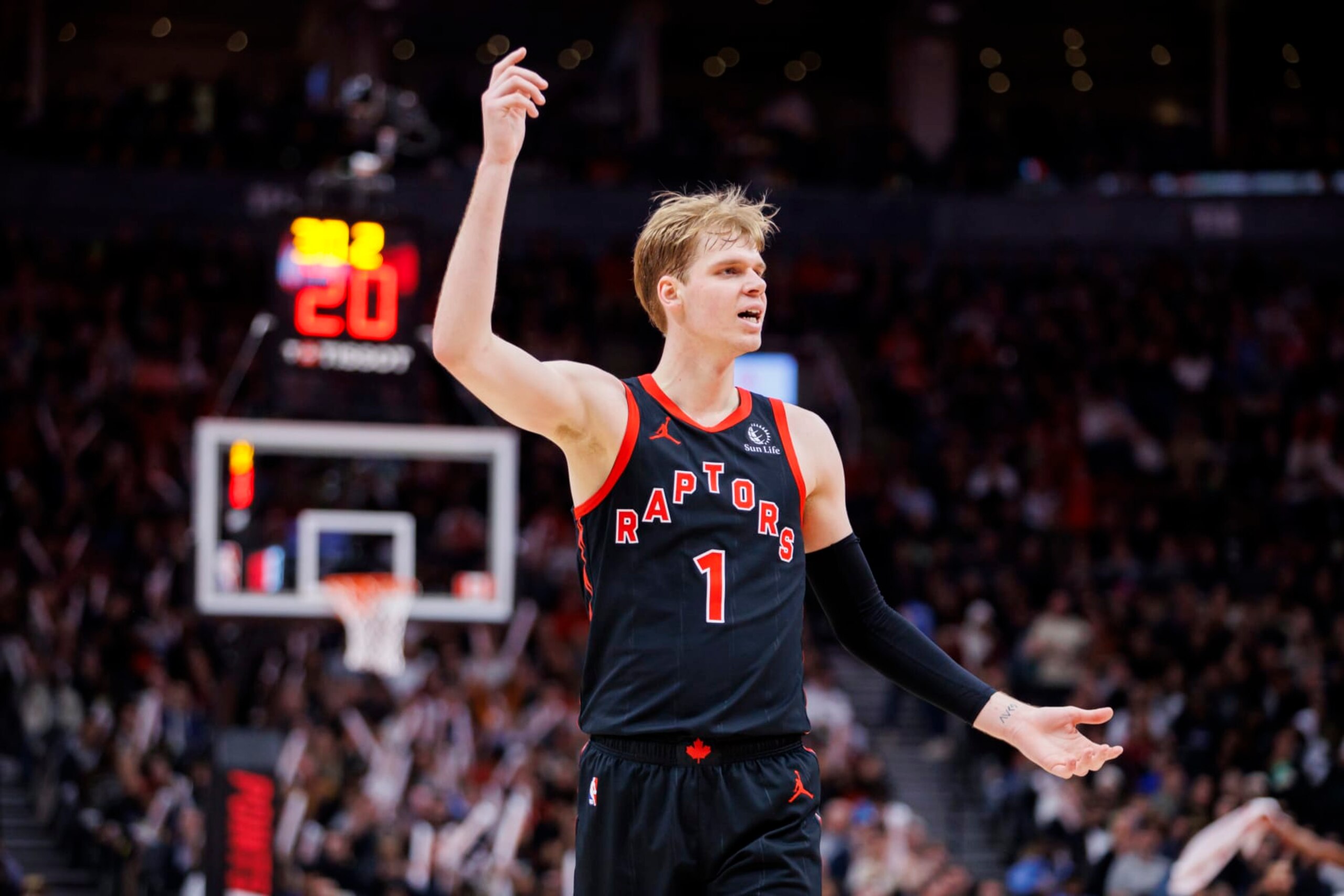 TORONTO, CANADA - MARCH 22: Gradey Dick #1 of the Toronto Raptors reacts in the second half of their NBA game against the Oklahoma City Thunder at Scotiabank Arena on March 22, 2024 in Toronto, Canada. NOTE TO USER: User expressly acknowledges and agrees that, by downloading and or using this photograph, User is consenting to the terms and conditions of the Getty Images License Agreement. (Photo by Cole Burston/Getty Images)