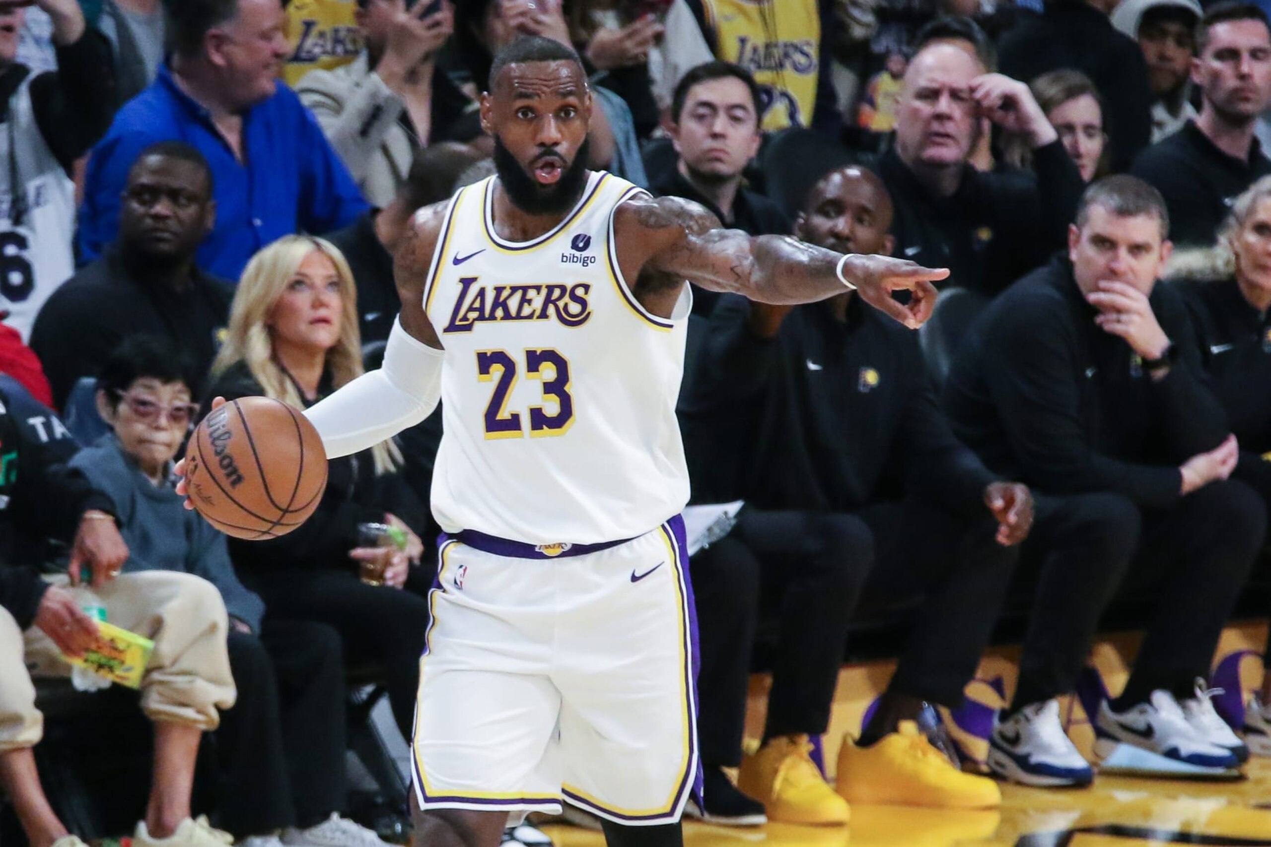 LOS ANGELES, CA - MARCH 24 : Los Angeles Lakers forward LeBron James (23) points during the Indiana Pacers vs Los Angeles Lakers game on March 24, 2024, at Crypto.com Arena in Los Angeles, CA. (Photo by Jevone Moore/Icon Sportswire via Getty Images)