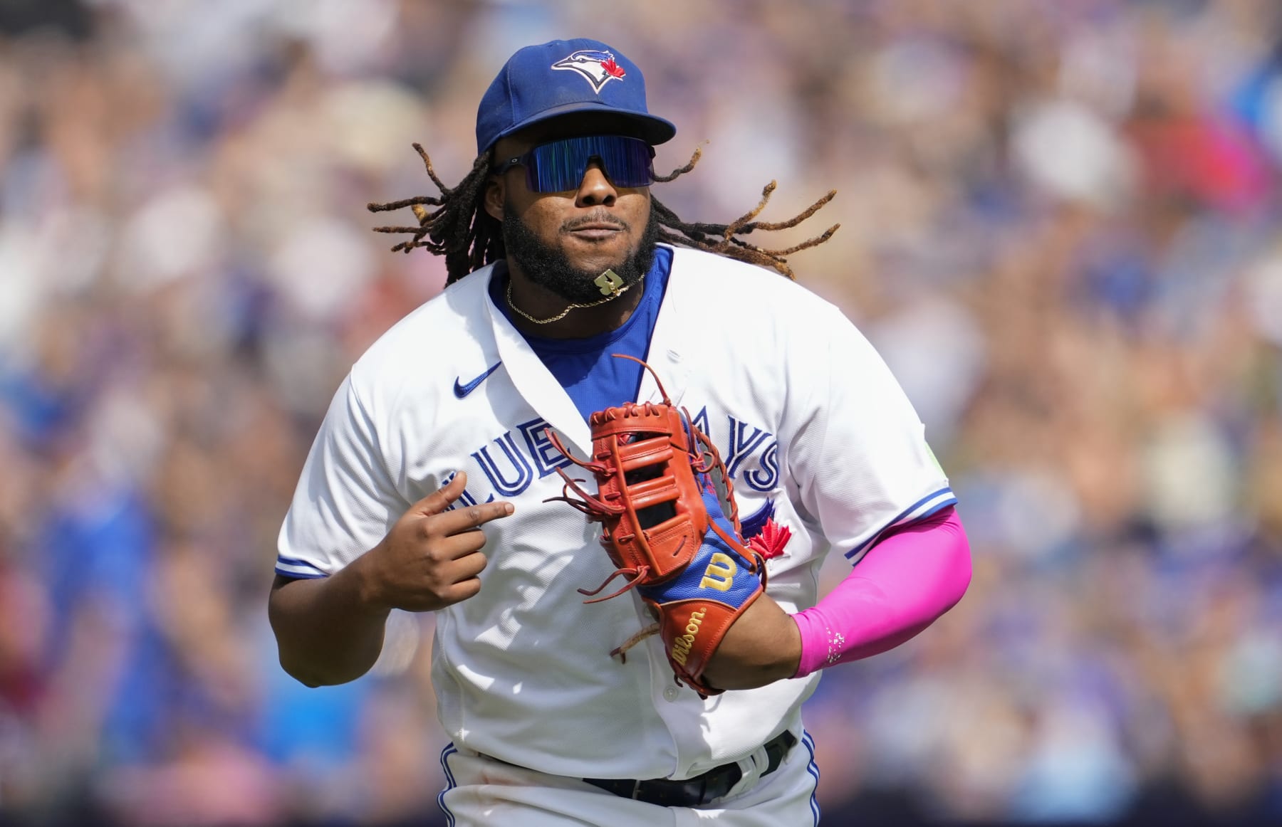 TORONTO, ON - SEPTEMBER 17: Vladimir Guerrero Jr. #27 of Toronto Blue Jays runs off the field against the Boston Red Sox during the third inning in their MLB game at the Rogers Centre on September 17, 2023 in Toronto, Ontario, Canada. (Photo by Mark Blinch/Getty Images)