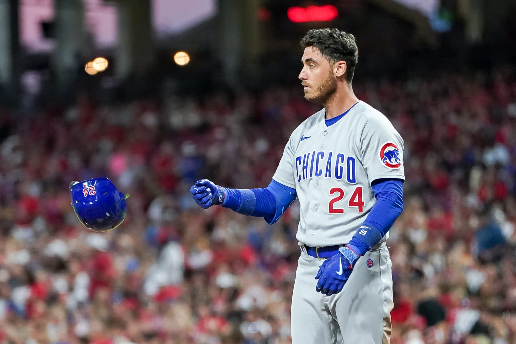 CINCINNATI, OHIO - SEPTEMBER 01: Cody Bellinger #24 of the Chicago Cubs reacts after striking out in the fifth inning against the Cincinnati Reds during game two of a doubleheader at Great American Ball Park on September 01, 2023 in Cincinnati, Ohio. (Photo by Dylan Buell/Getty Images)
