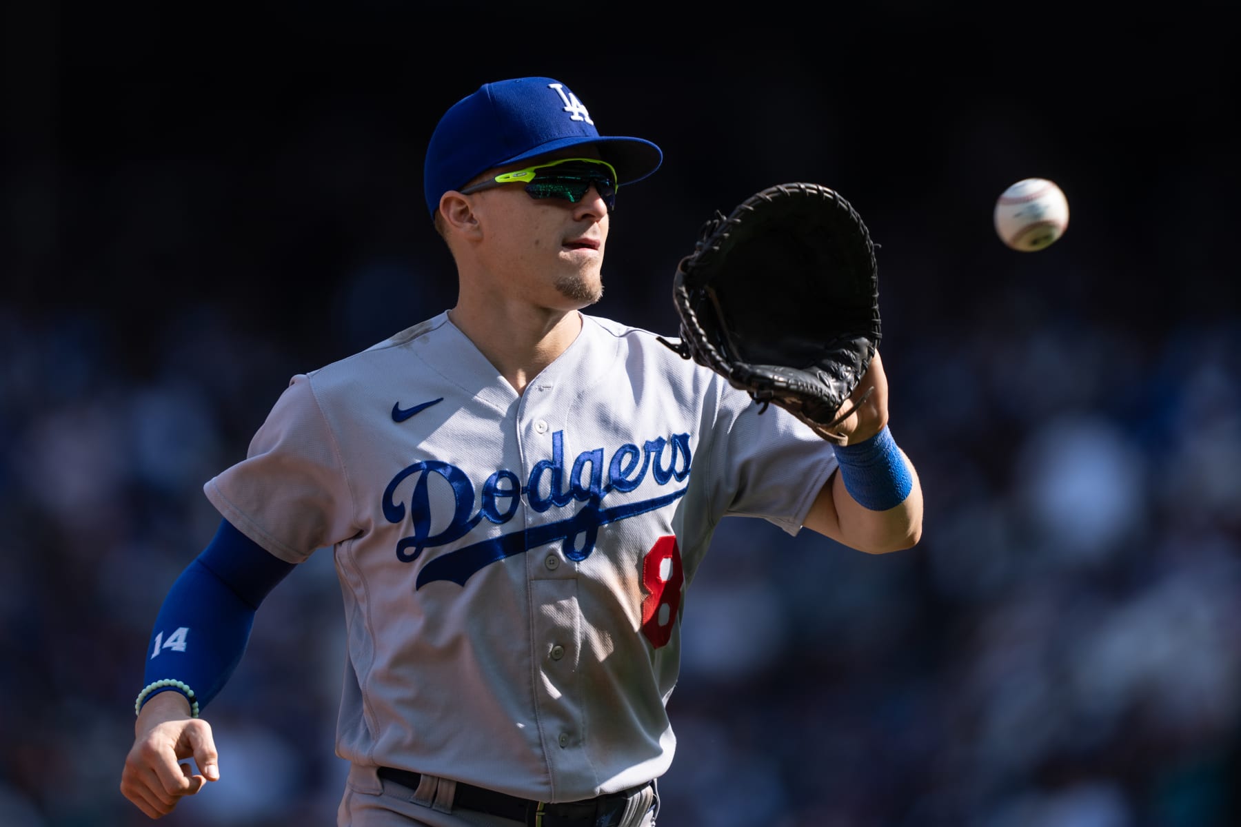 SEATTLE, WA - SEPTEMBER 17: Enrique Hernandez #8 of the Los Angeles Dodgers catches a ball while jogging off the field during a game against the Seattle Mariners at T-Mobile Park on September 17, 2023 in Seattle, Washington. The Dodgers won 6-1. (Photo by Stephen Brashear/Getty Images)