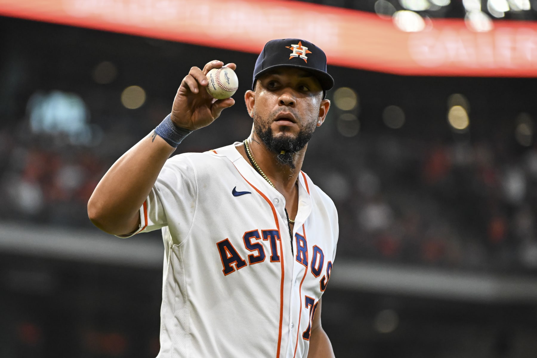 HOUSTON, TEXAS - AUGUST 02: Jose Abreu #79 of the Houston Astros looks on against the Cleveland Guardians at Minute Maid Park on August 02, 2023 in Houston, Texas. (Photo by Logan Riely/Getty Images)