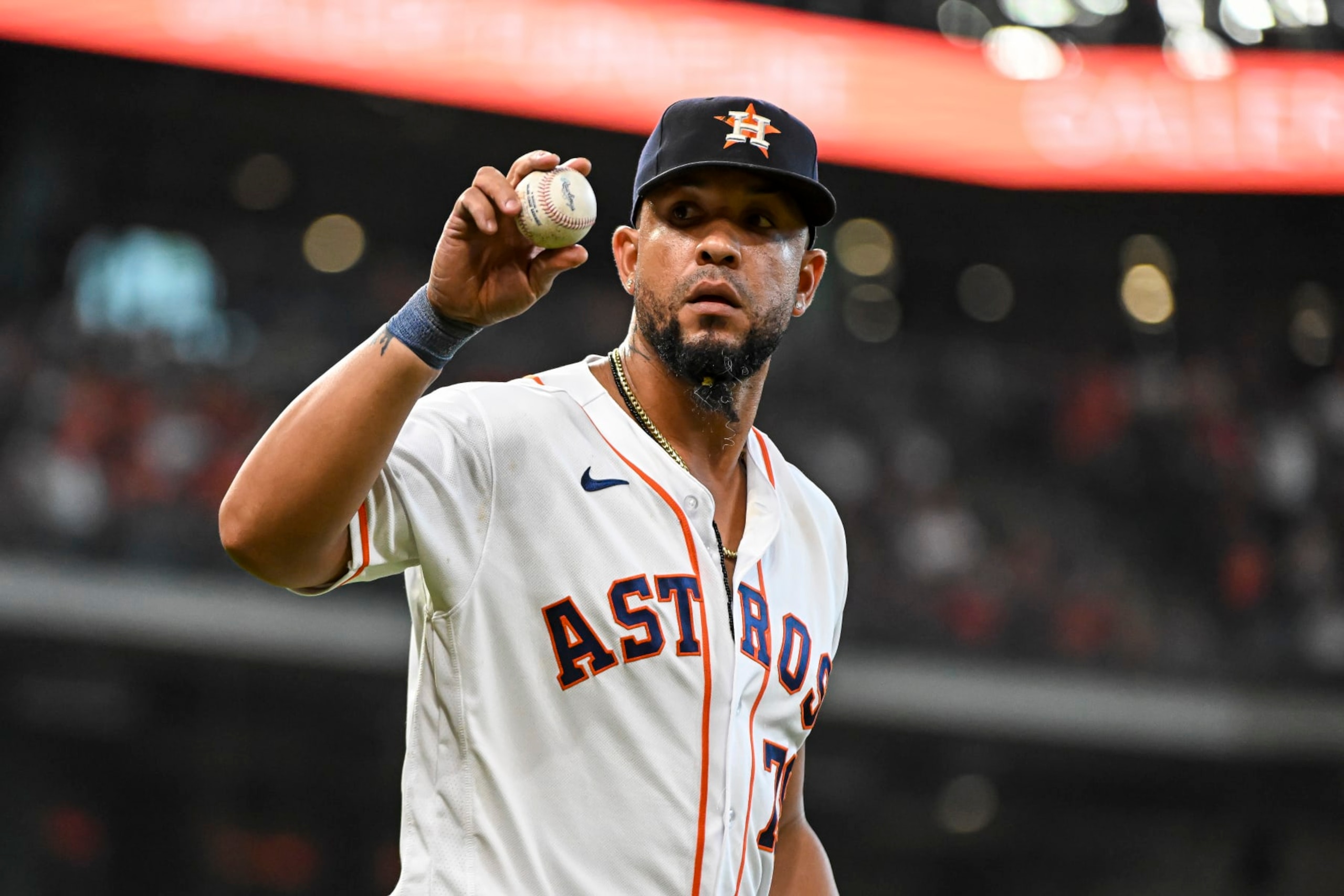 HOUSTON, TEXAS - AUGUST 02: Jose Abreu #79 of the Houston Astros looks on against the Cleveland Guardians at Minute Maid Park on August 02, 2023 in Houston, Texas. (Photo by Logan Riely/Getty Images) HOUSTON, TEXAS - AUGUST 02: Jose Abreu #79 of the Houston Astros looks on against the Cleveland Guardians at Minute Maid Park on August 02, 2023 in Houston, Texas. (Photo by Logan Riely/Getty Images)
